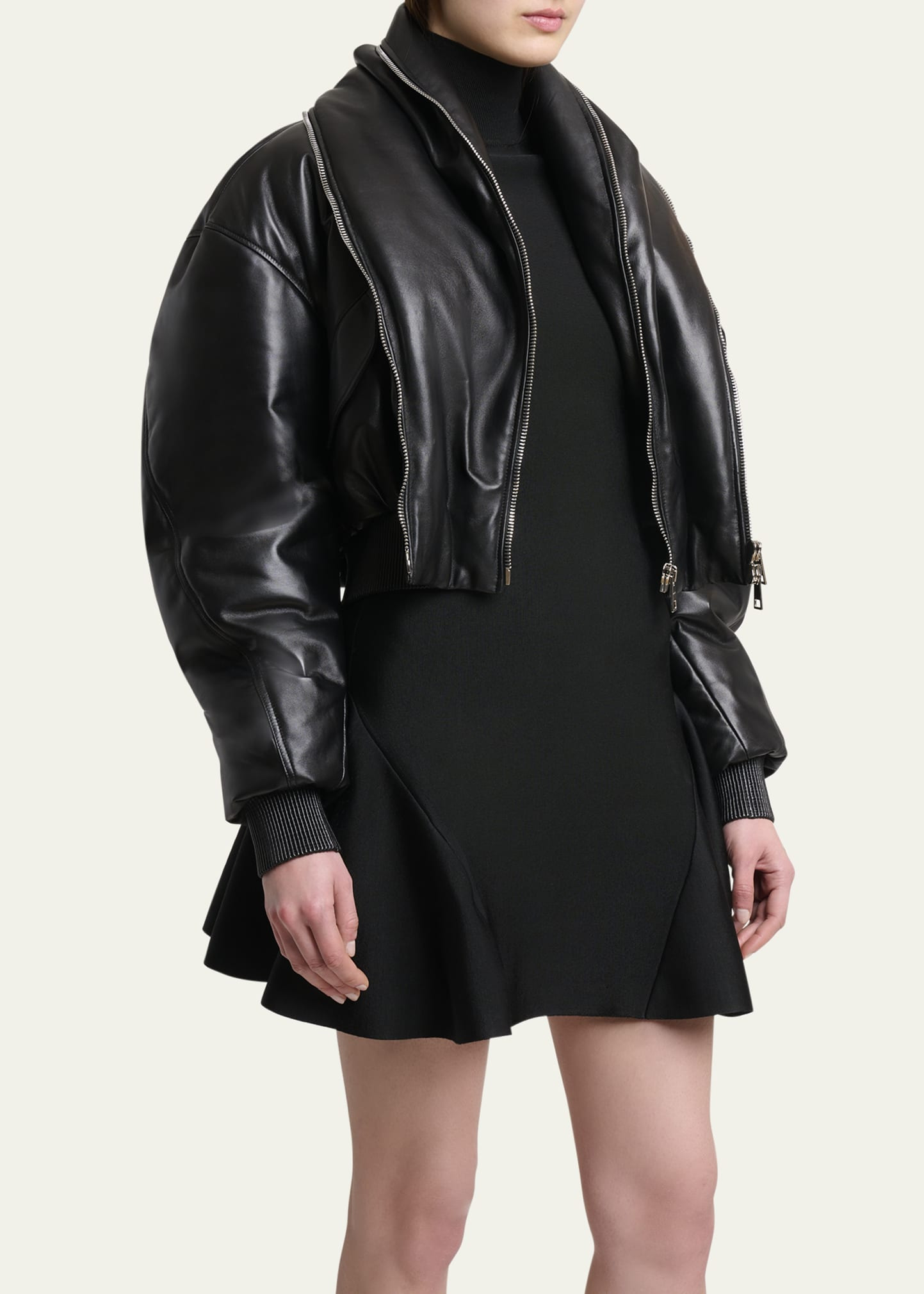 Double Shawl-Collar Leather Crop Bomber Jacket - 4