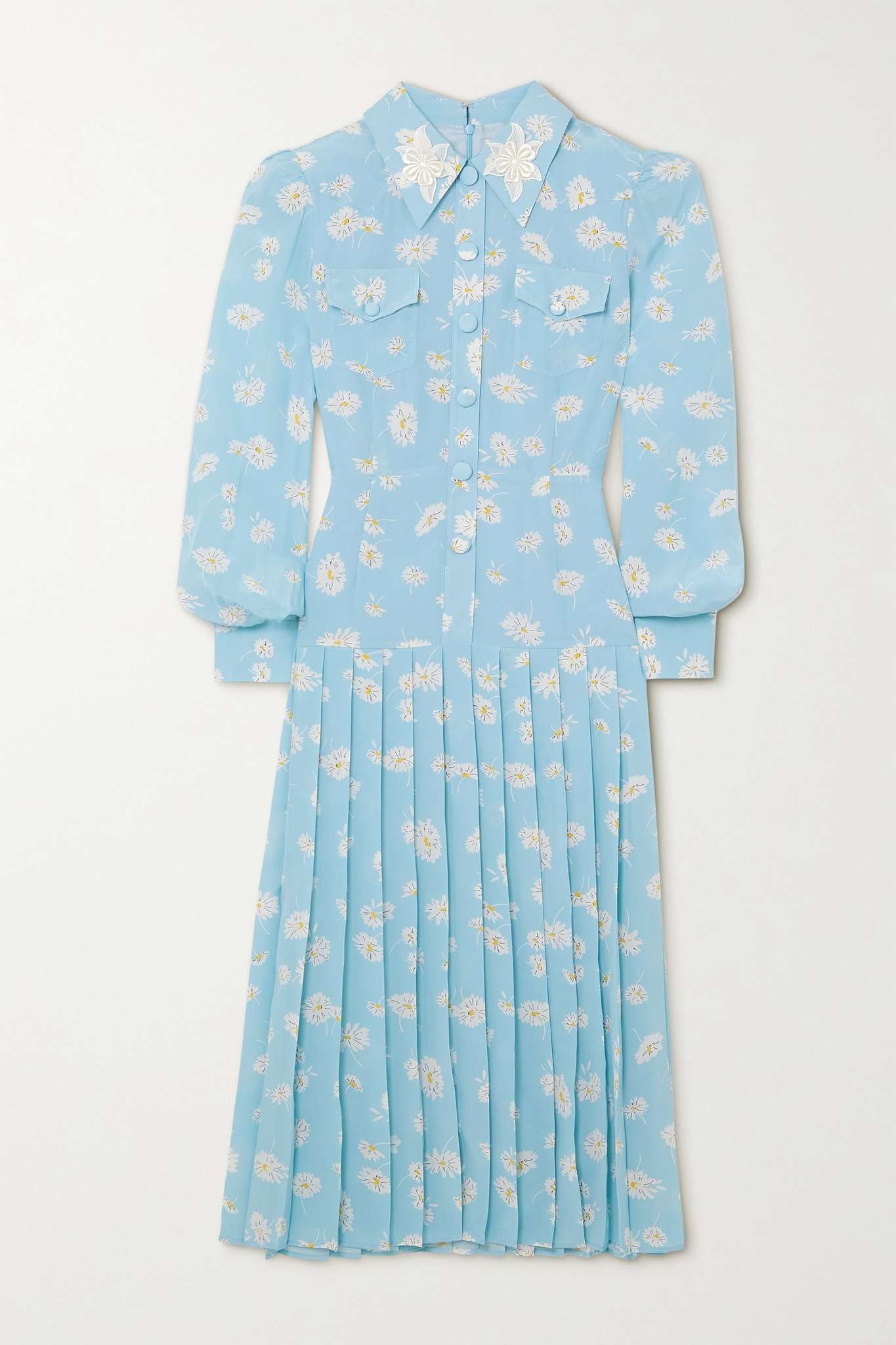 Button-embellished printed pleated silk midi dress - 1