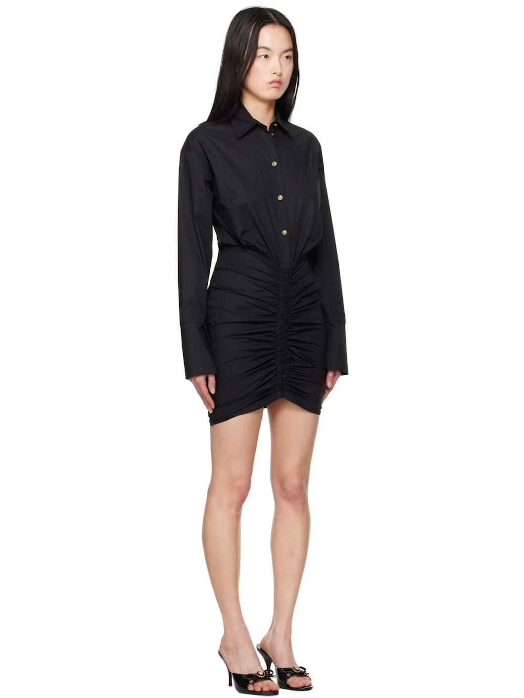 Black Ruched Shirt Minidress - 2