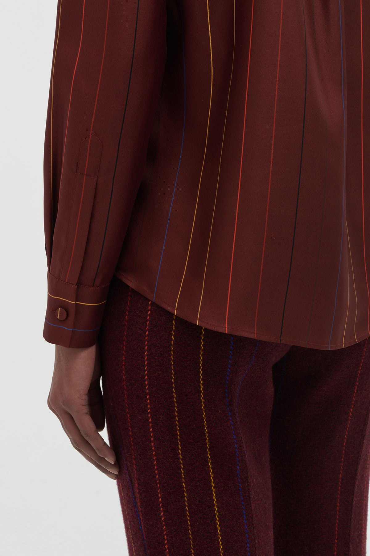 Henri Blouse in Burnt Sienna Multi Pinstripe Silk Twill - 5