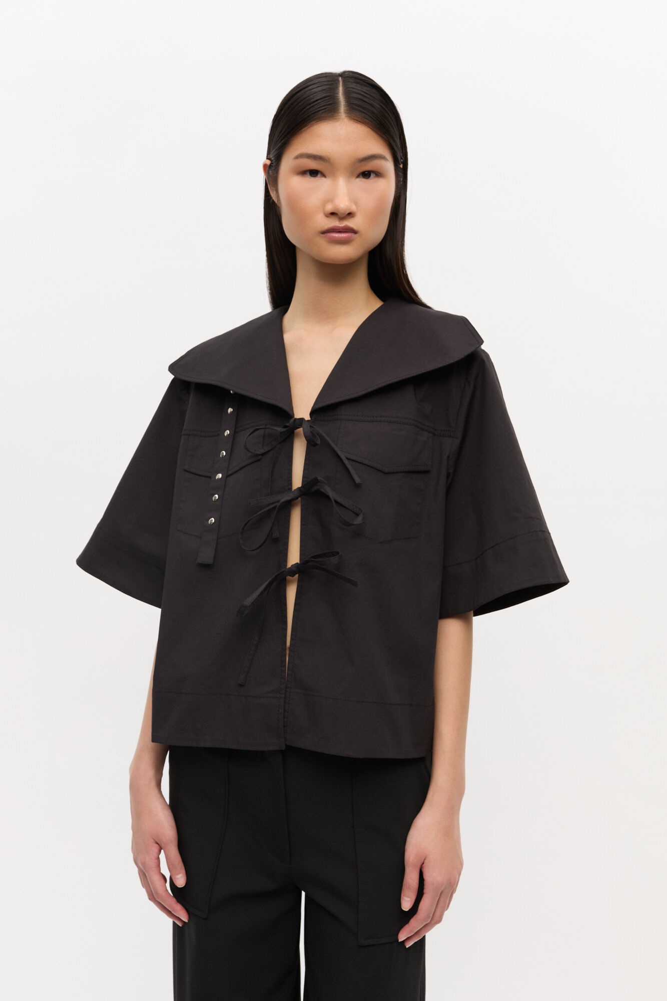 BLACK STRETCH COTTON BLOUSE - 2