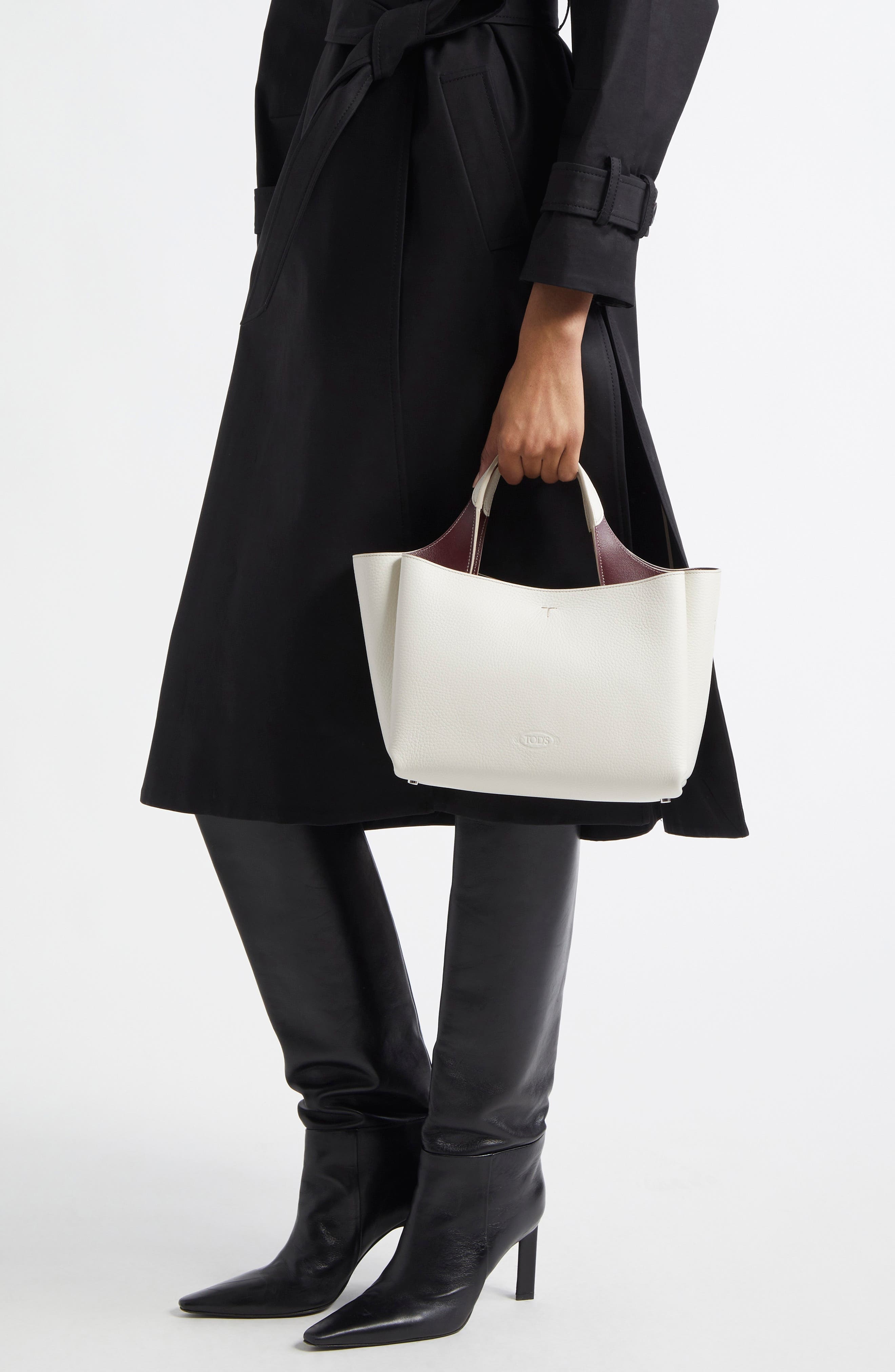 Tod's Mini Leather Tote in Bianco Calce/Bordeaux at Nordstrom - 3