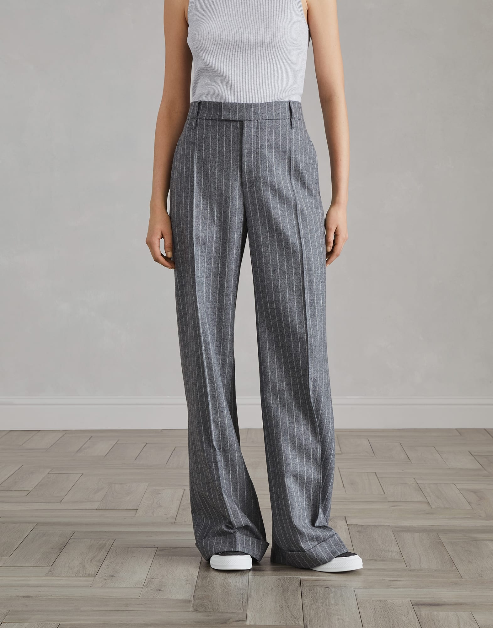 Virgin wool mouliné chalk stripe loose flared trousers with monili - 1