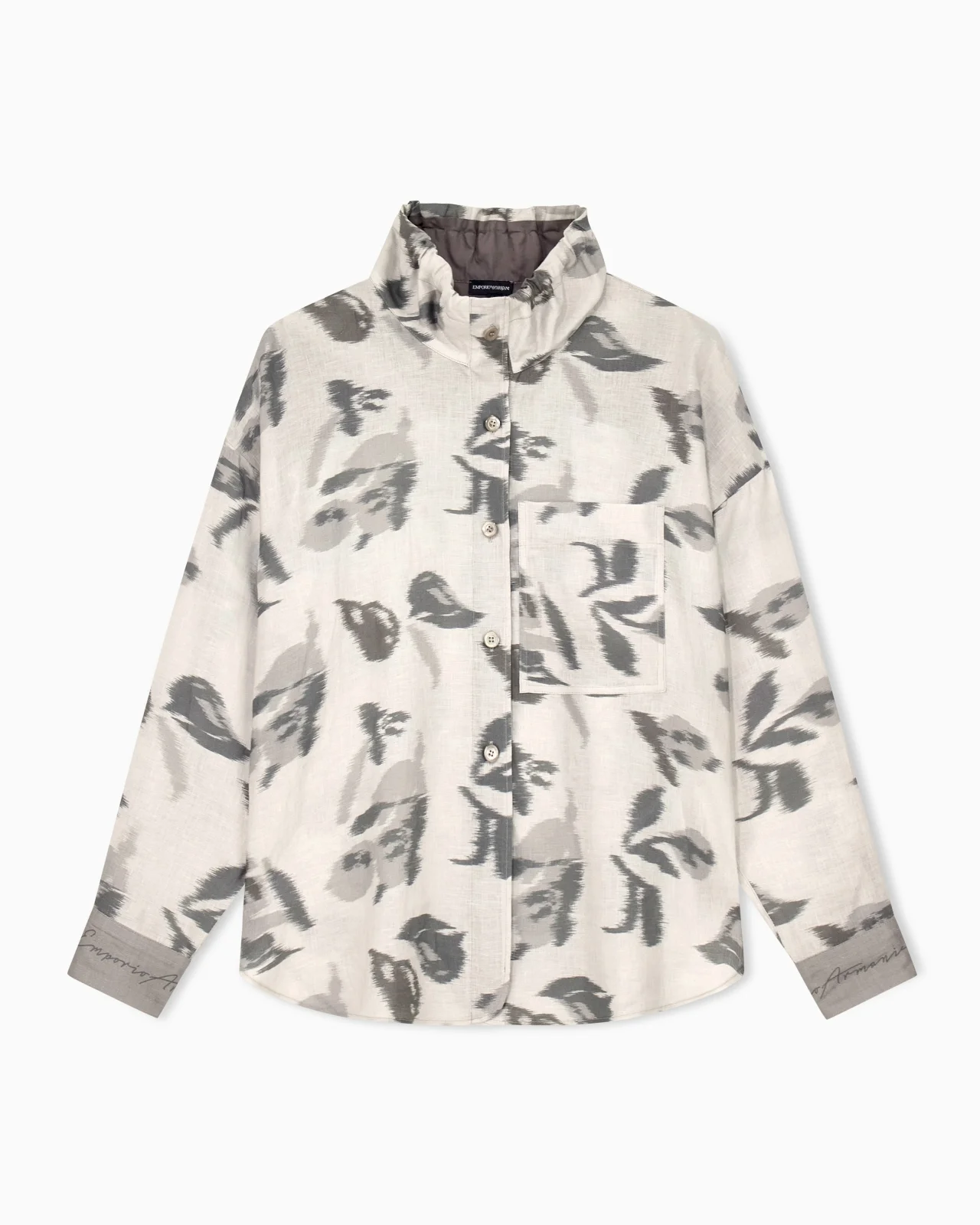 LINEN SHIRT WITH A CHINÉ FLOWER PRINT AND HIGH COLLAR - 1