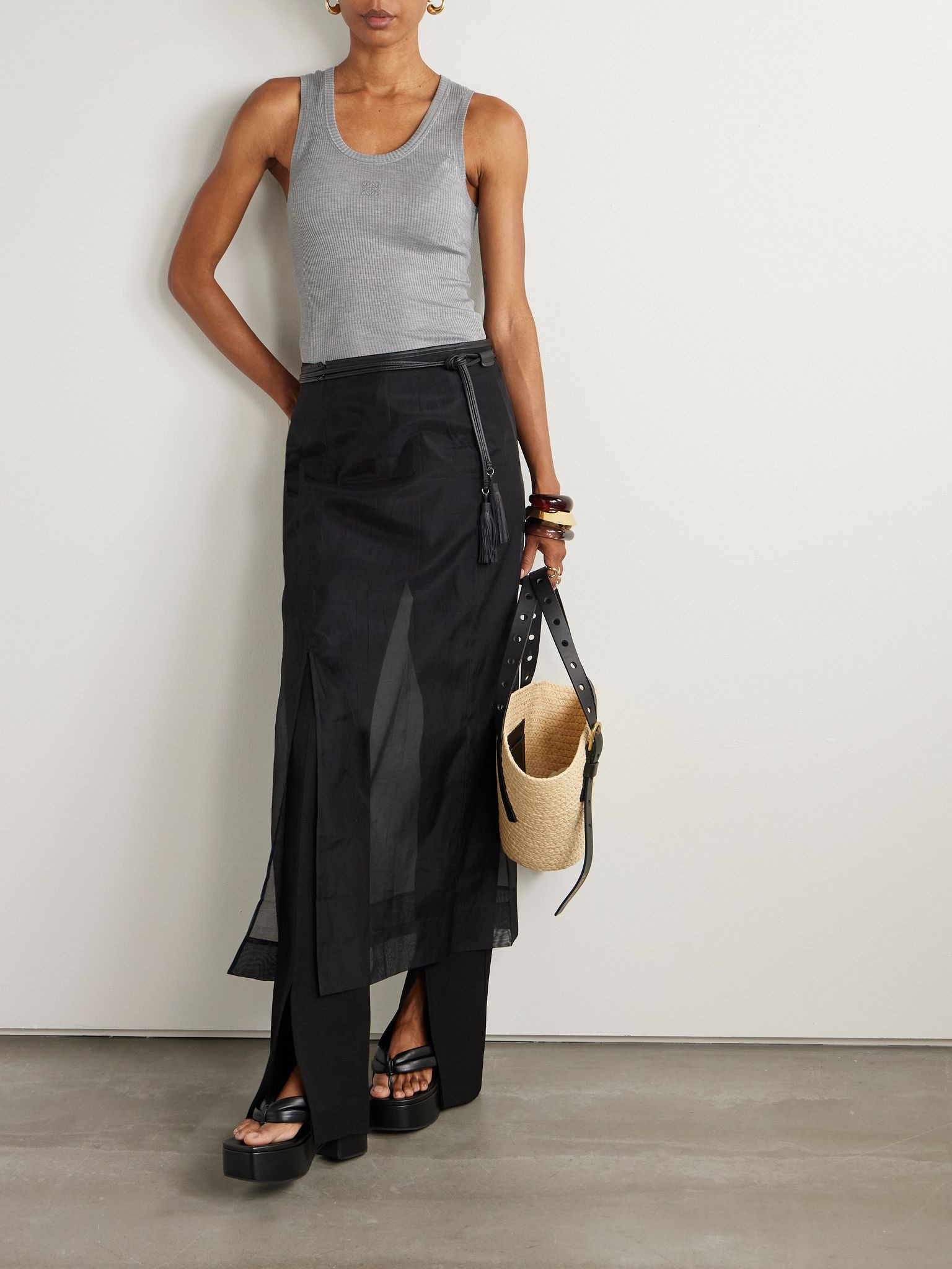 Anagram embroidered ribbed silk-jersey tank Gray - 2