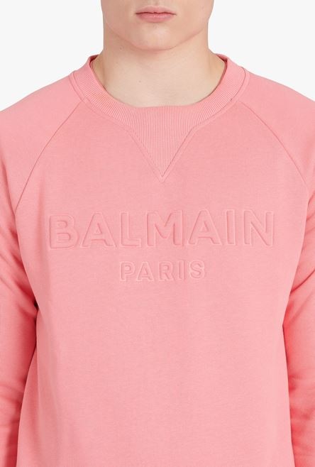 Salmon pink cotton sweatshirt with embossed Balmain logo - 6