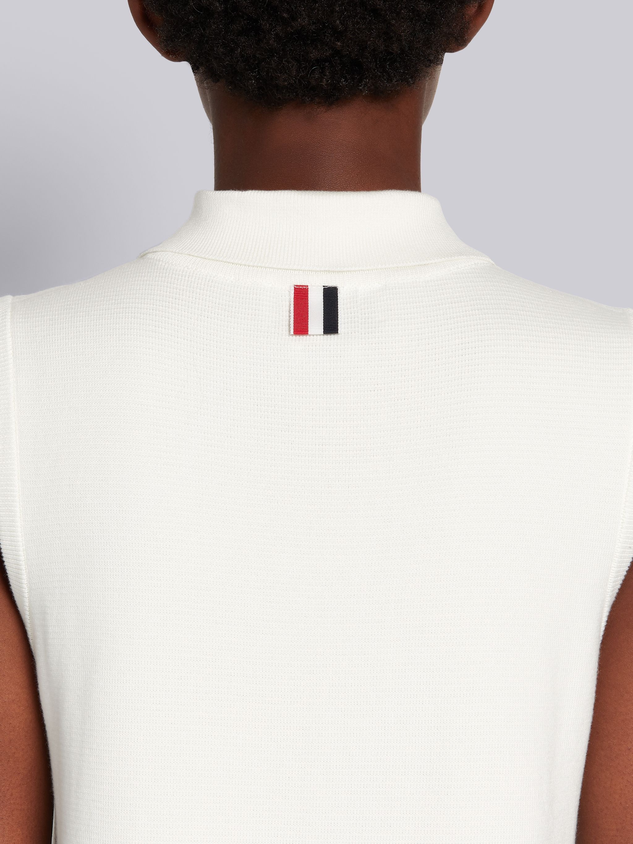 White Cotton Milano Stitch Silk Rep 4-Bar Stripe Sleeveless Pleated Polo Dress - 5