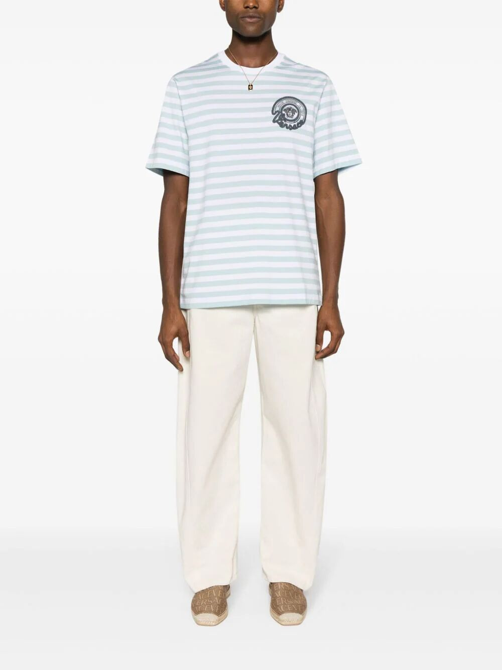 Versace Men T-Shirt Striped Jersey Fabric + Embroidered Versace Nautical Emblem - 4