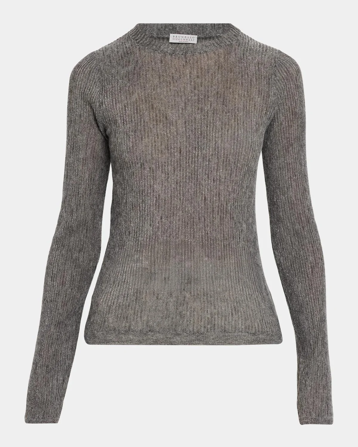 Metallic Alpaca-Blend Rib Crewneck Sweater - 1