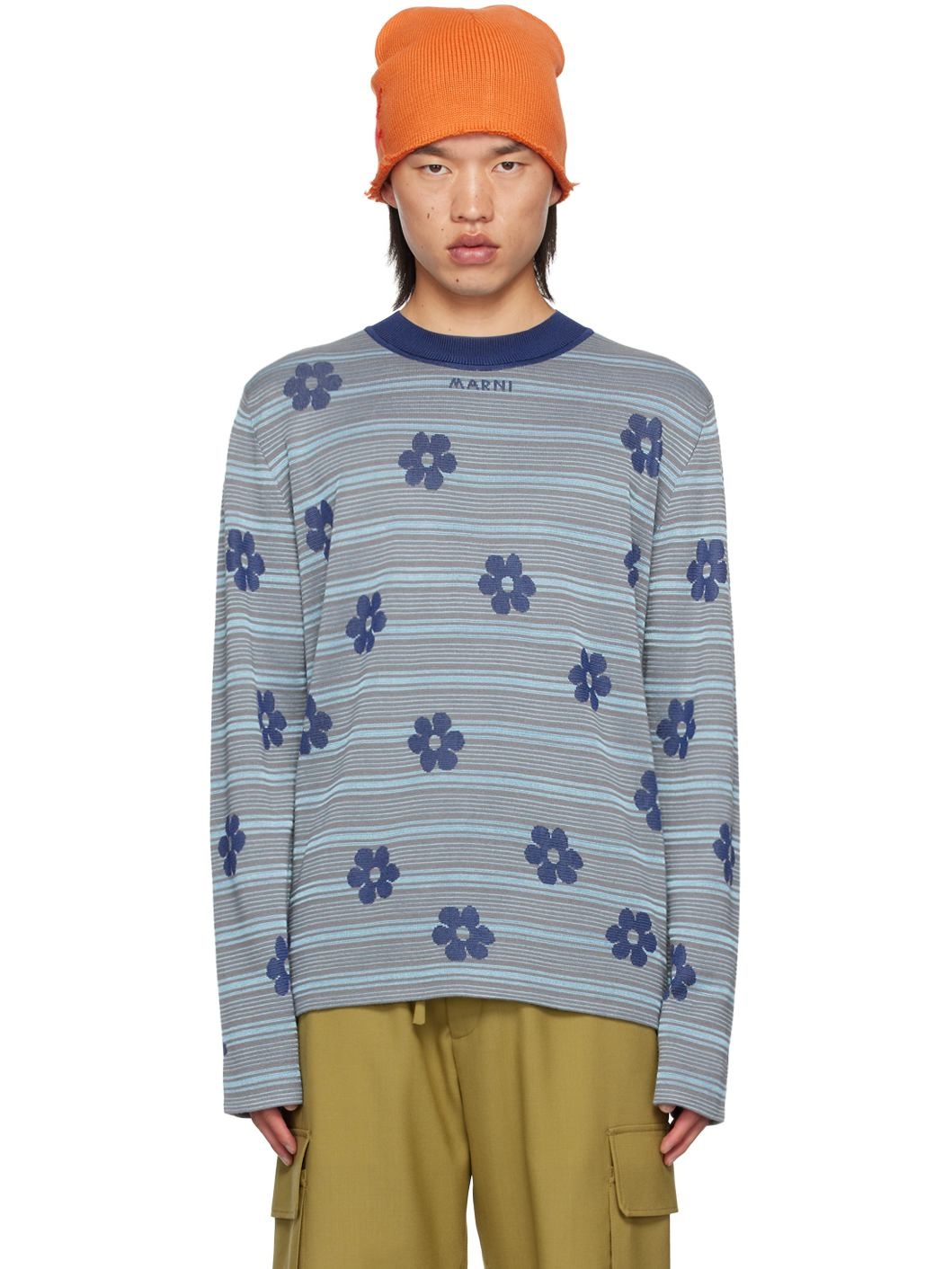 Blue Striped Floral Sweater - 1
