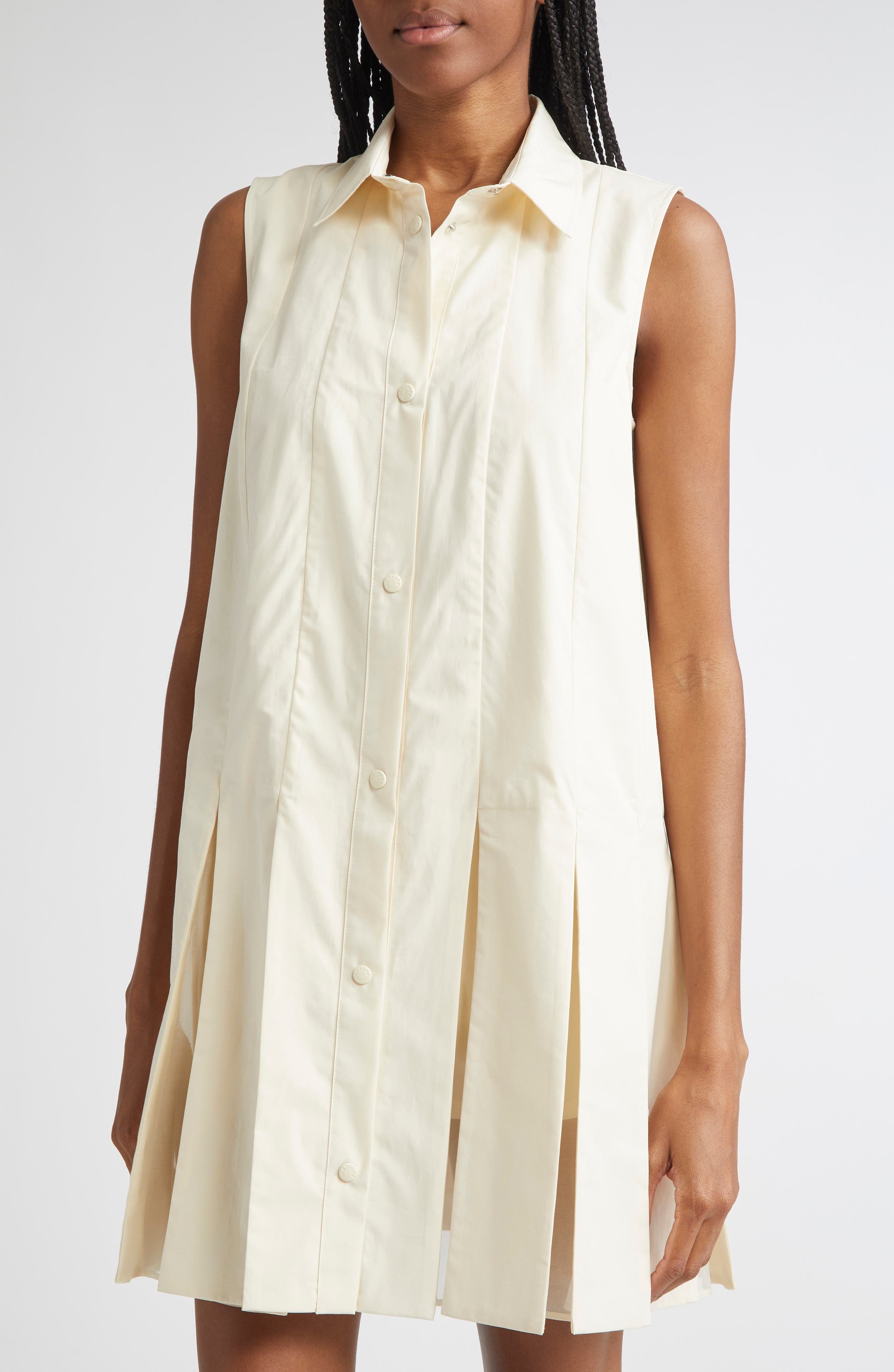 Moncler Pleated Organic Cotton Poplin & Silk Organza Mini Shirtdress in White at Nordstrom - 4