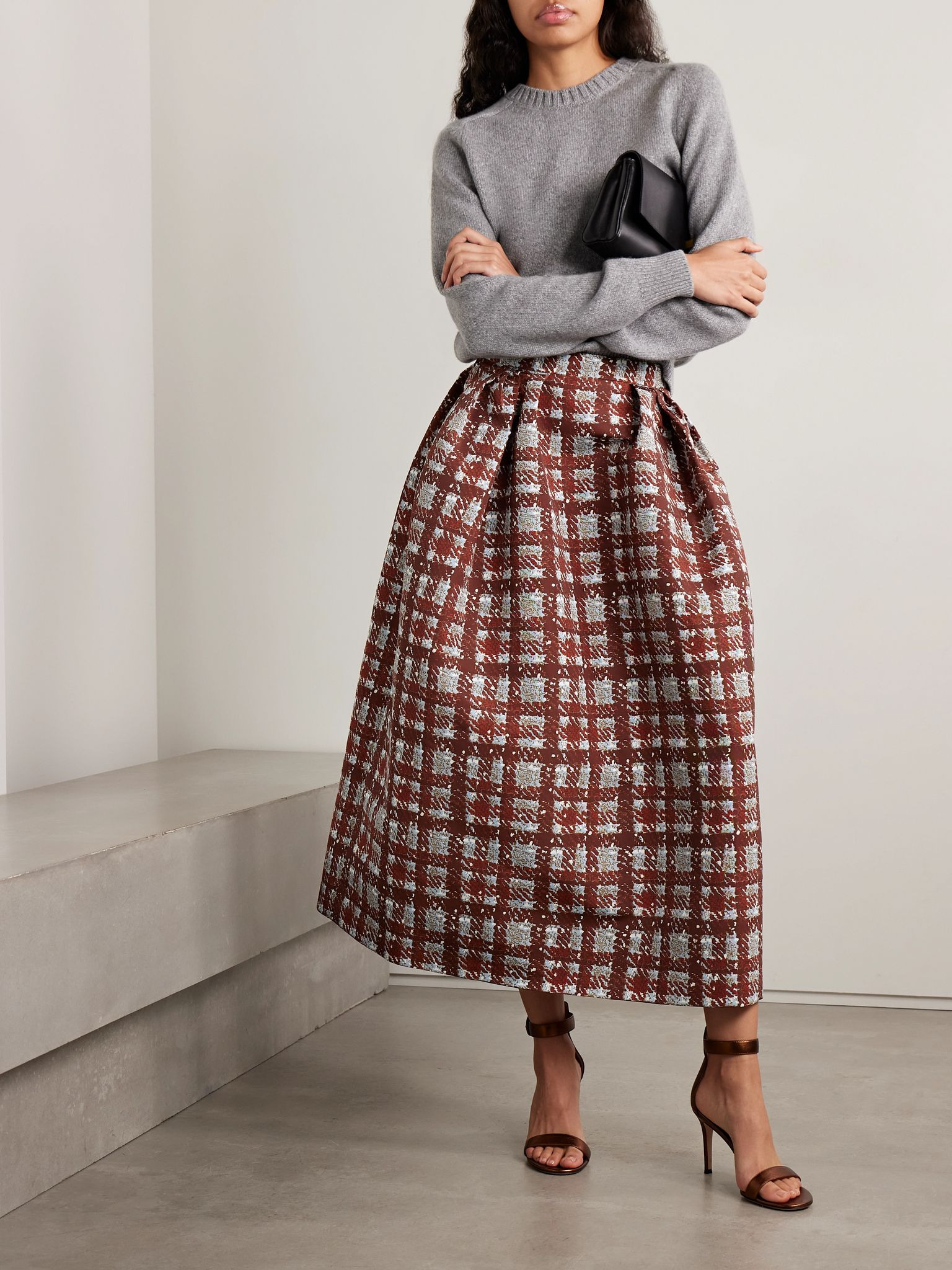Pleated checked faille midi skirt Burgundy - 2