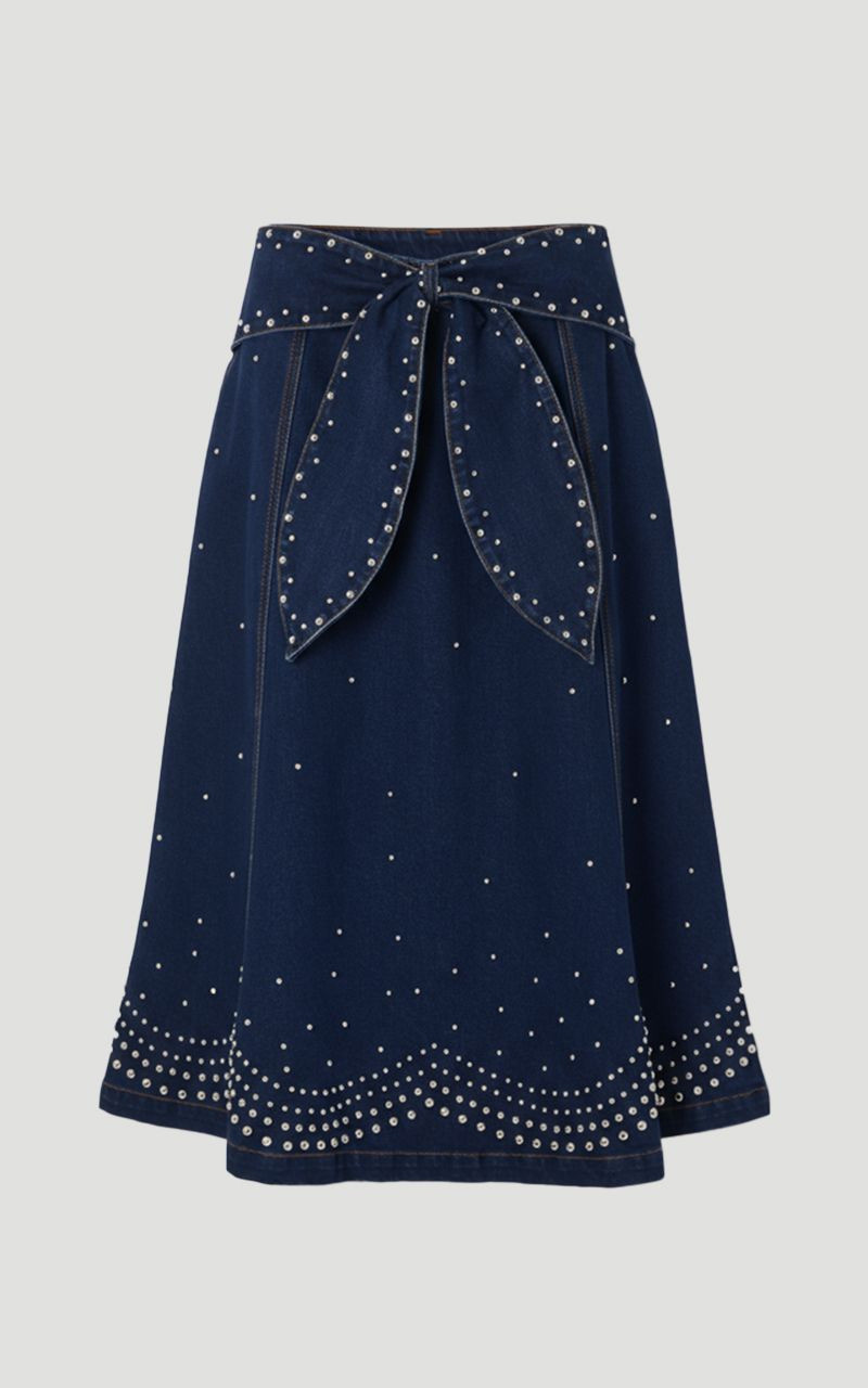 Denim Placed Stud Tie Belt Full Midi Skirt - 1