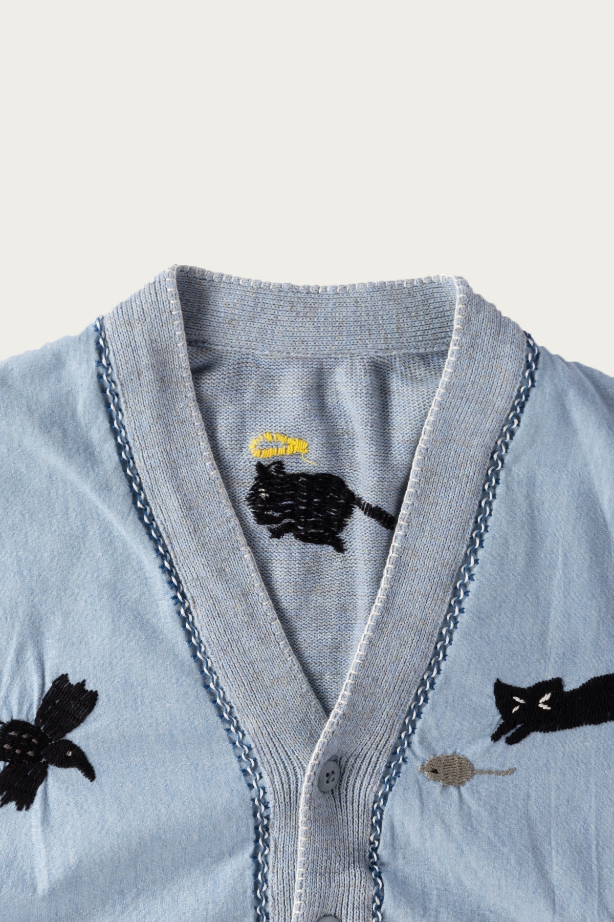 Knit x Chambray Cardigan (Raven & Cat Embroidery) - Sax - 2
