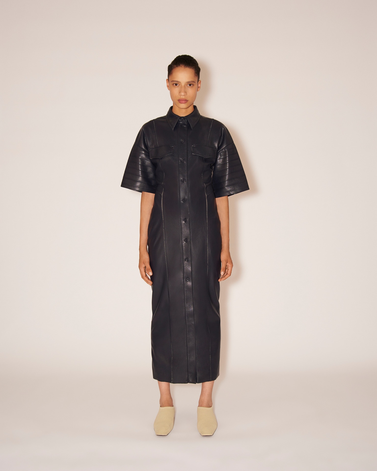 TAISSA - Vegan leather corrugated dress - Navy - 2