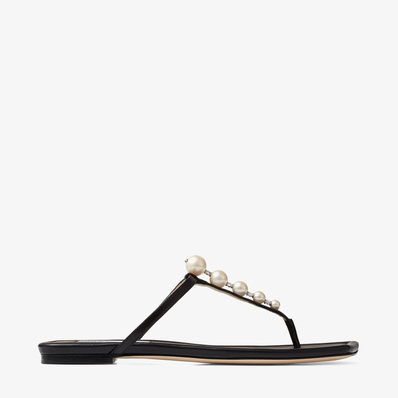 Alaina Flat Black Nappa Leather Flats with Pearl Embellishment 1
