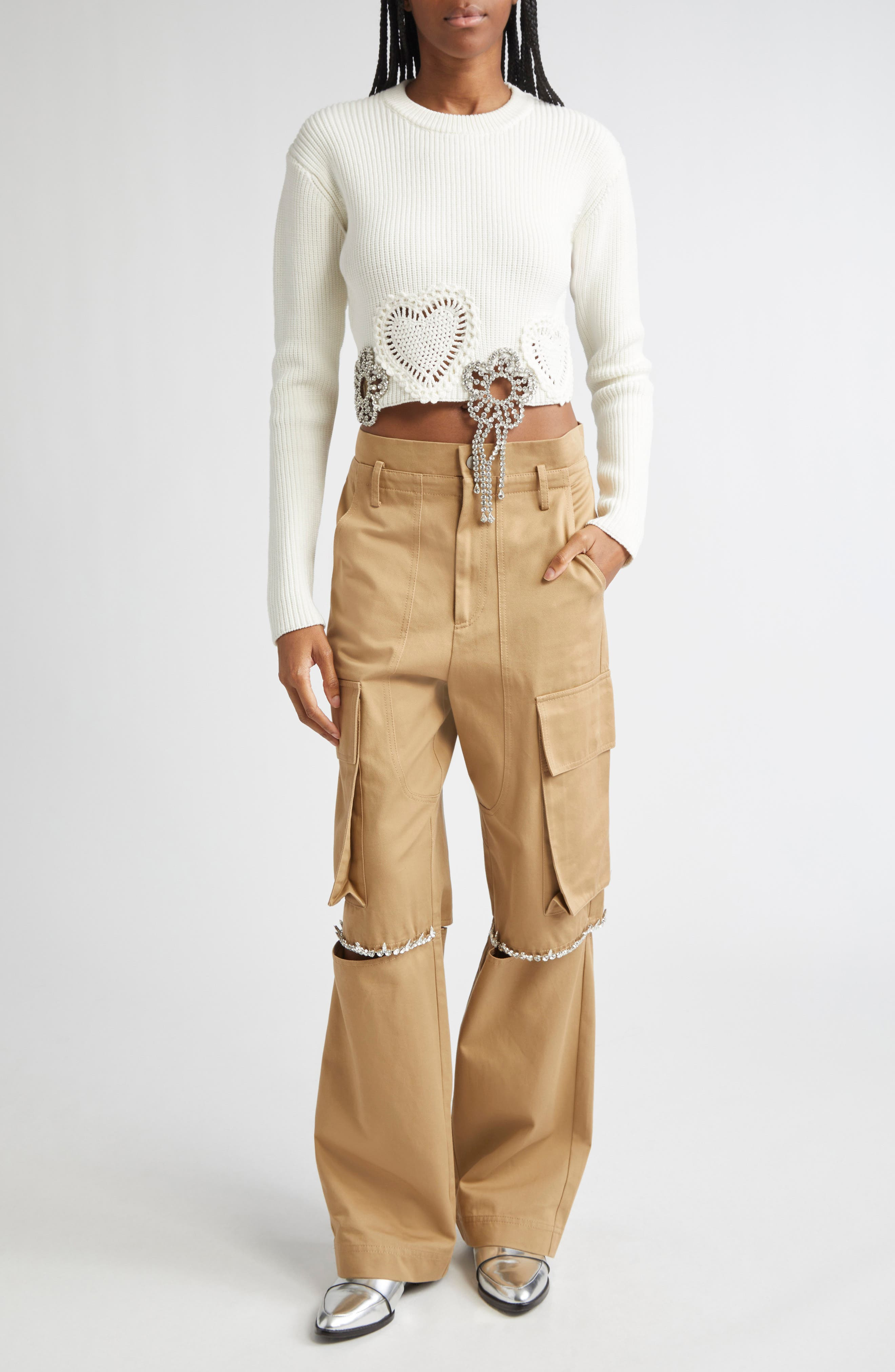 Area Crystal Flower & Crochet Heart Appliqué Crop Rib Sweater in Off White at Nordstrom - 2