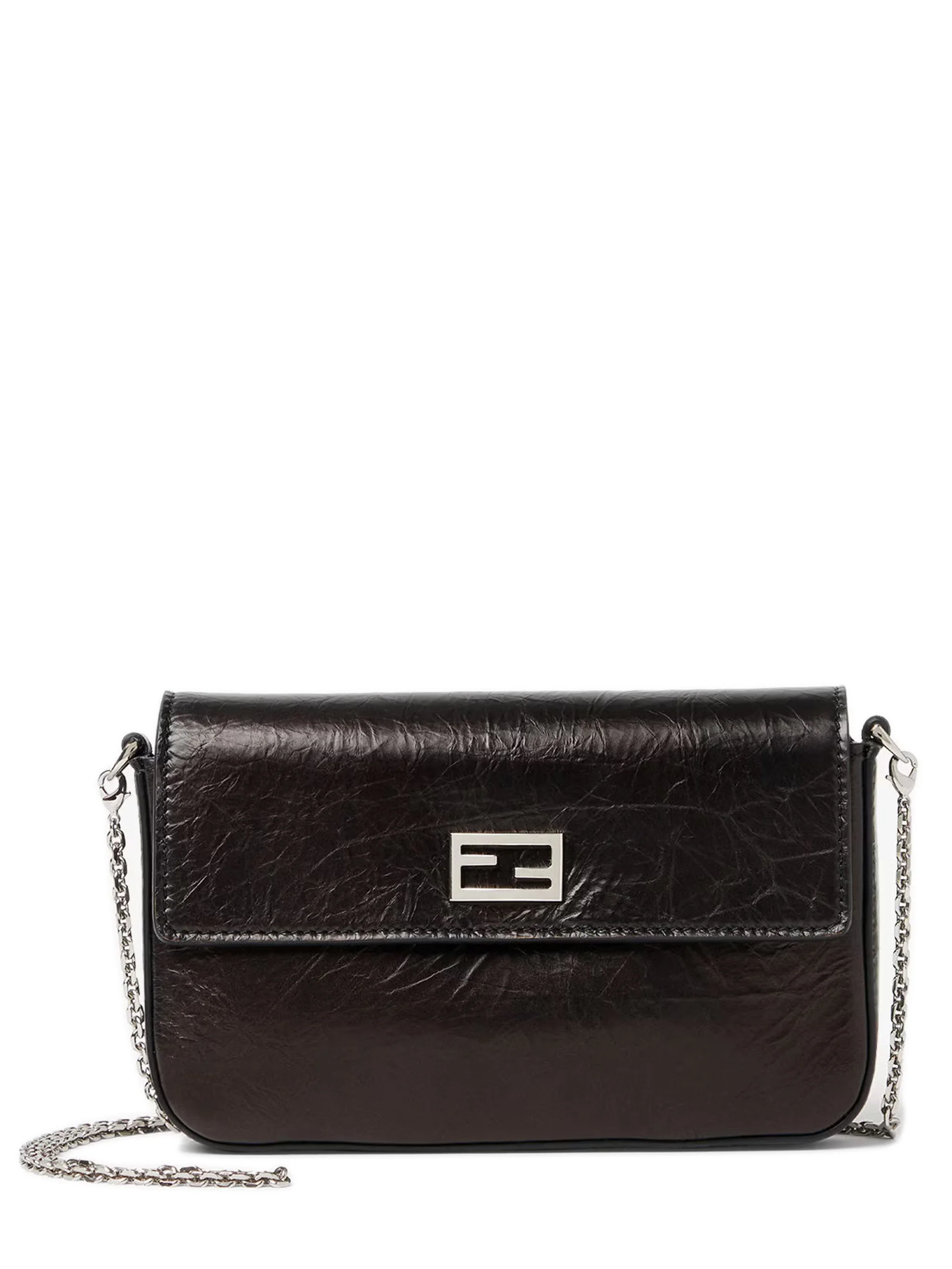 Fendi Tube Wallet with Chain, Front Flap and Metal FF Baguette Logo | 4 Card Slots | W 19 x H 12 x D - 1