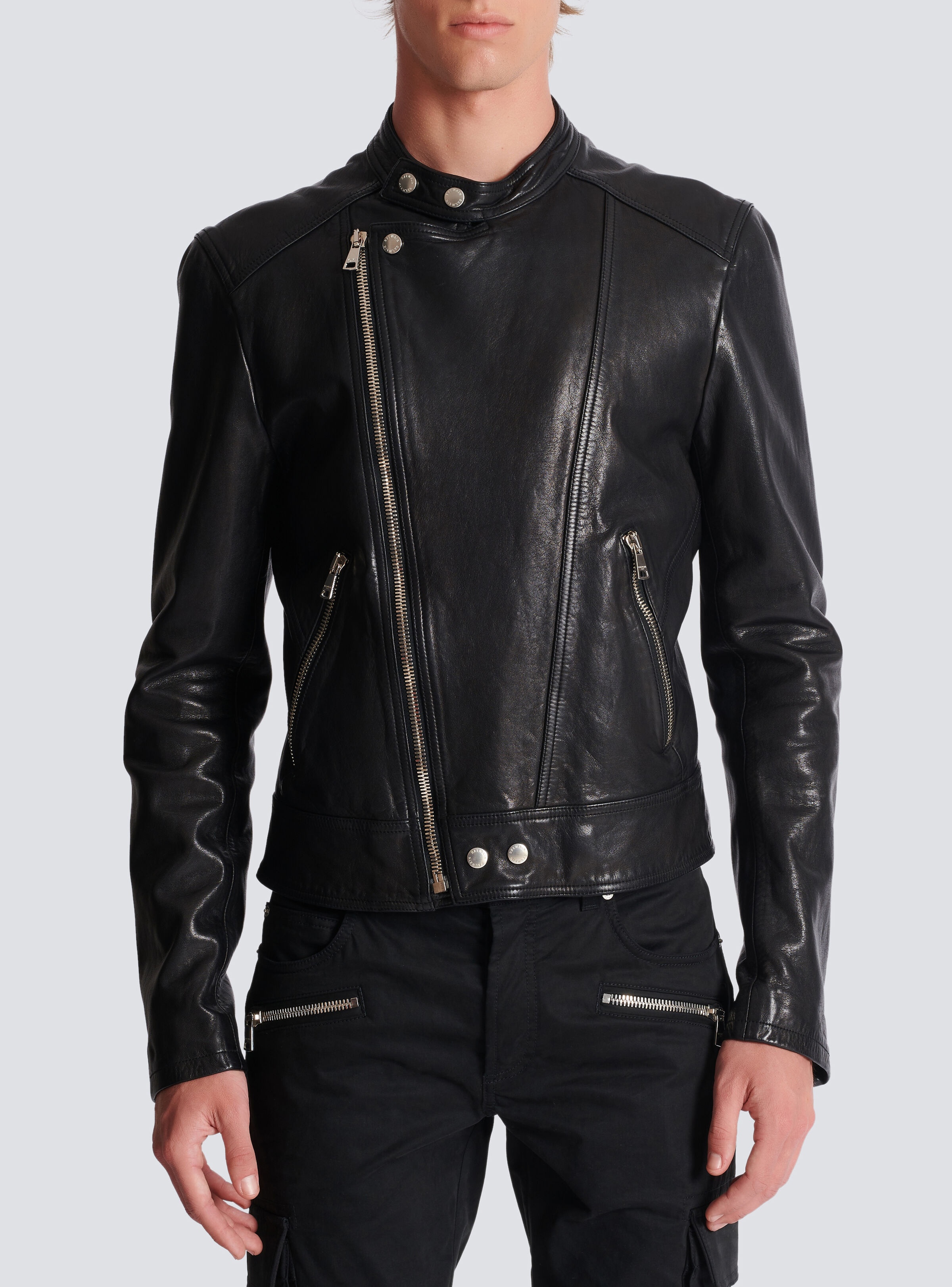 Zipped leather biker jacket - 5