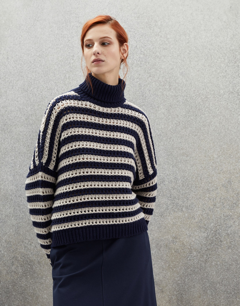Striped net turtleneck sweater in virgin wool, cashmere and silk feather yarn 1
