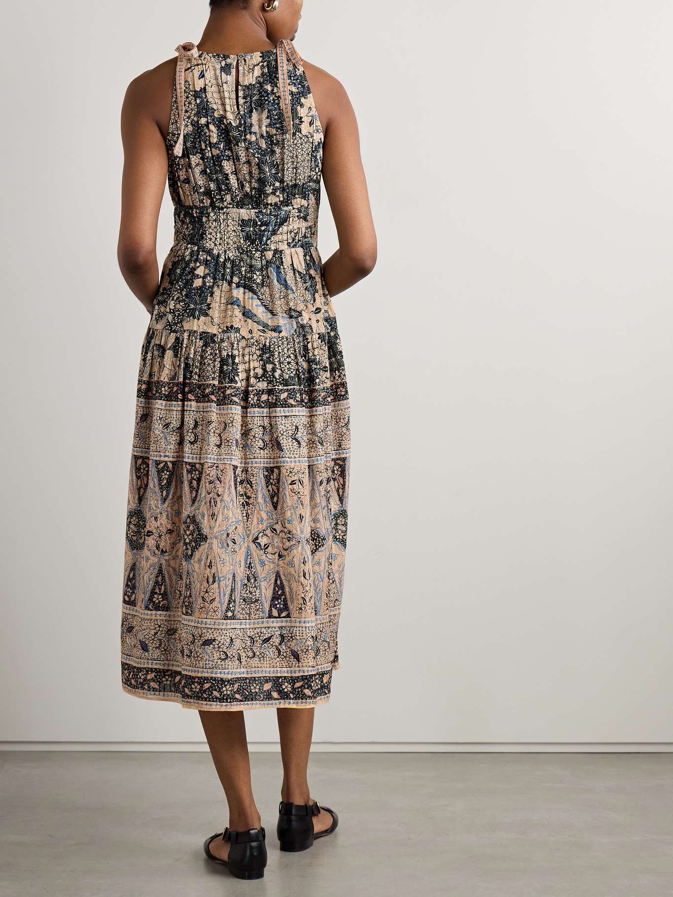 Essie smocked tiered printed cotton-blend voile midi dress Brown - 3