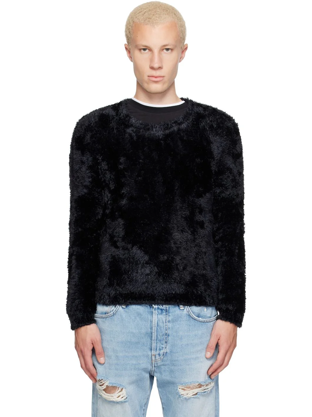 Black Wild Fluffy Knit Crewneck Sweater - 1