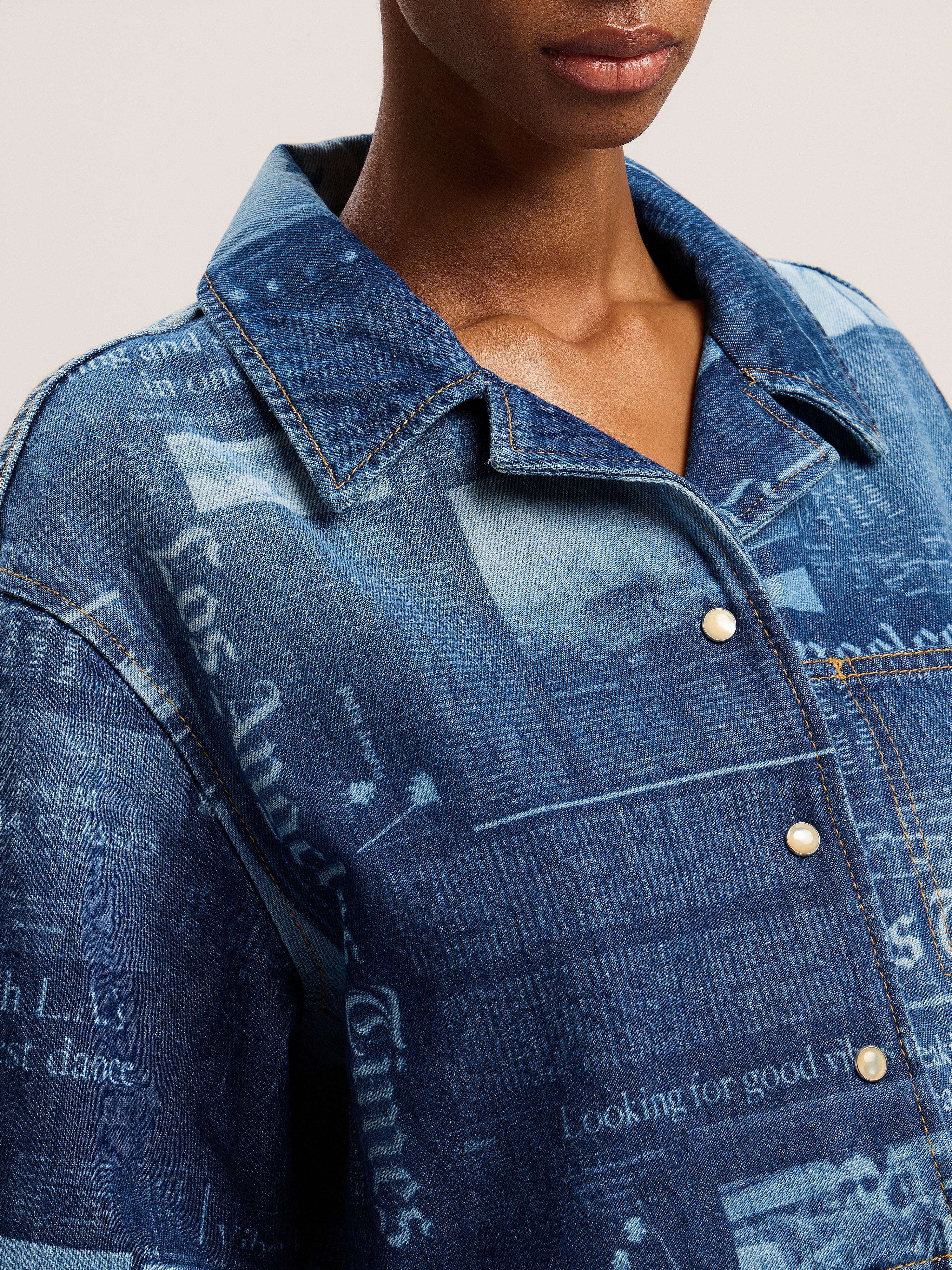 Newspaper Print Denim Shirt - 5