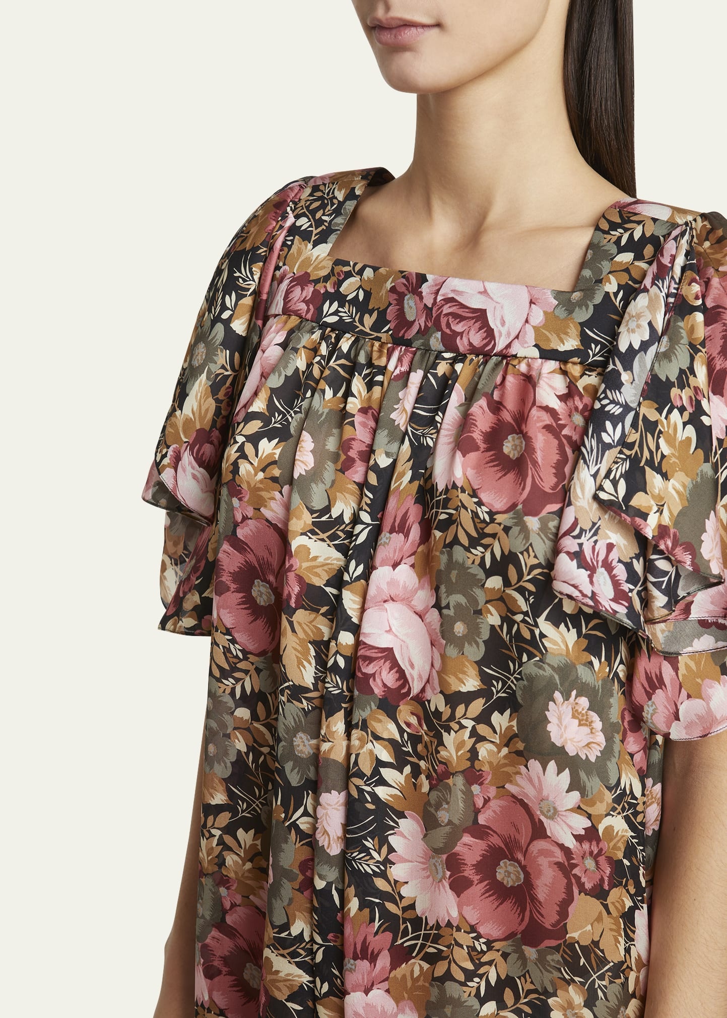 Rose Print Pleated Mini Silk Dress - 5