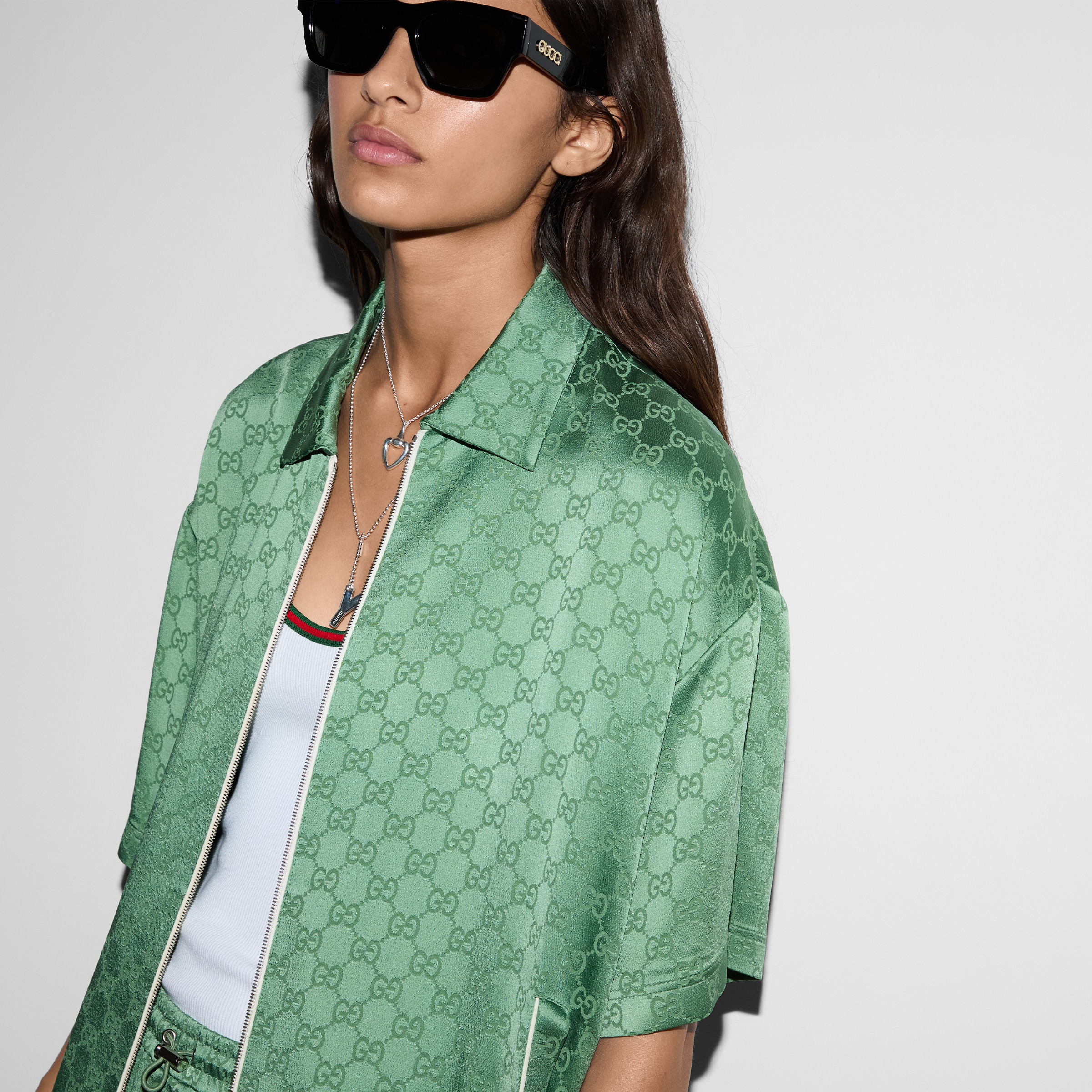 Relaxed fit GG satin zip shirt - 5