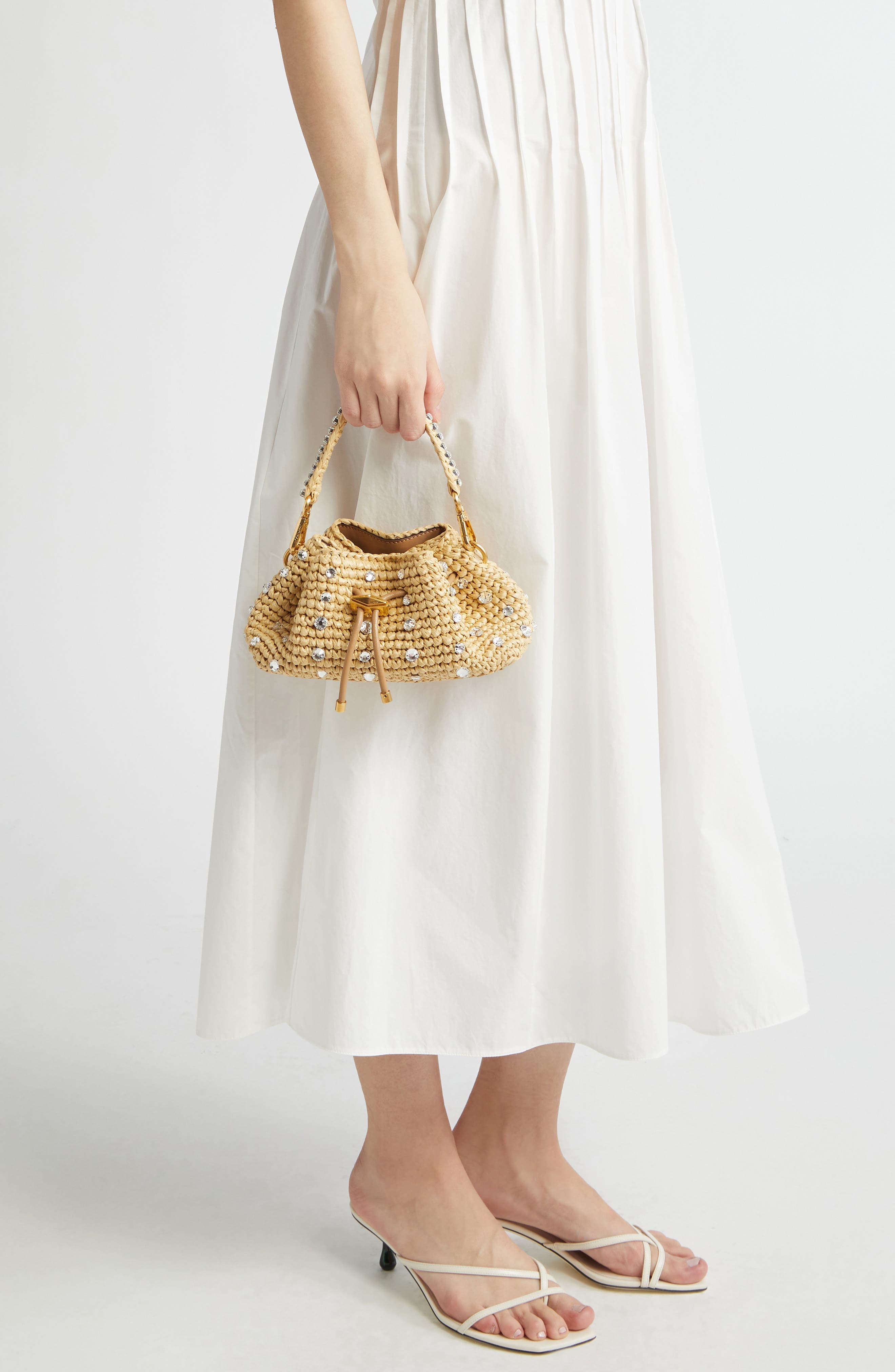 Jimmy Choo Small Cinch Crystal Embellished Raffia Bucket Bag in Natural/Gold at Nordstrom - 3