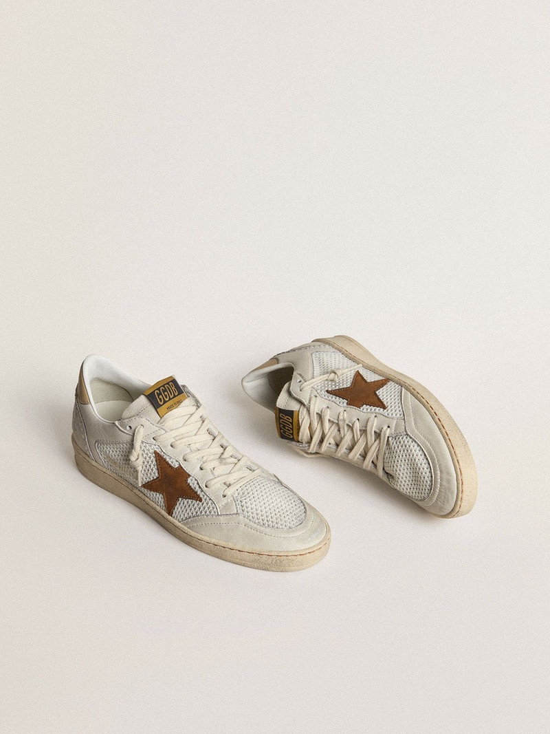 Golden Goose Women's Ball Star in white nappa and mesh with tobacco-colored nubuck star and beige heel tab outlook