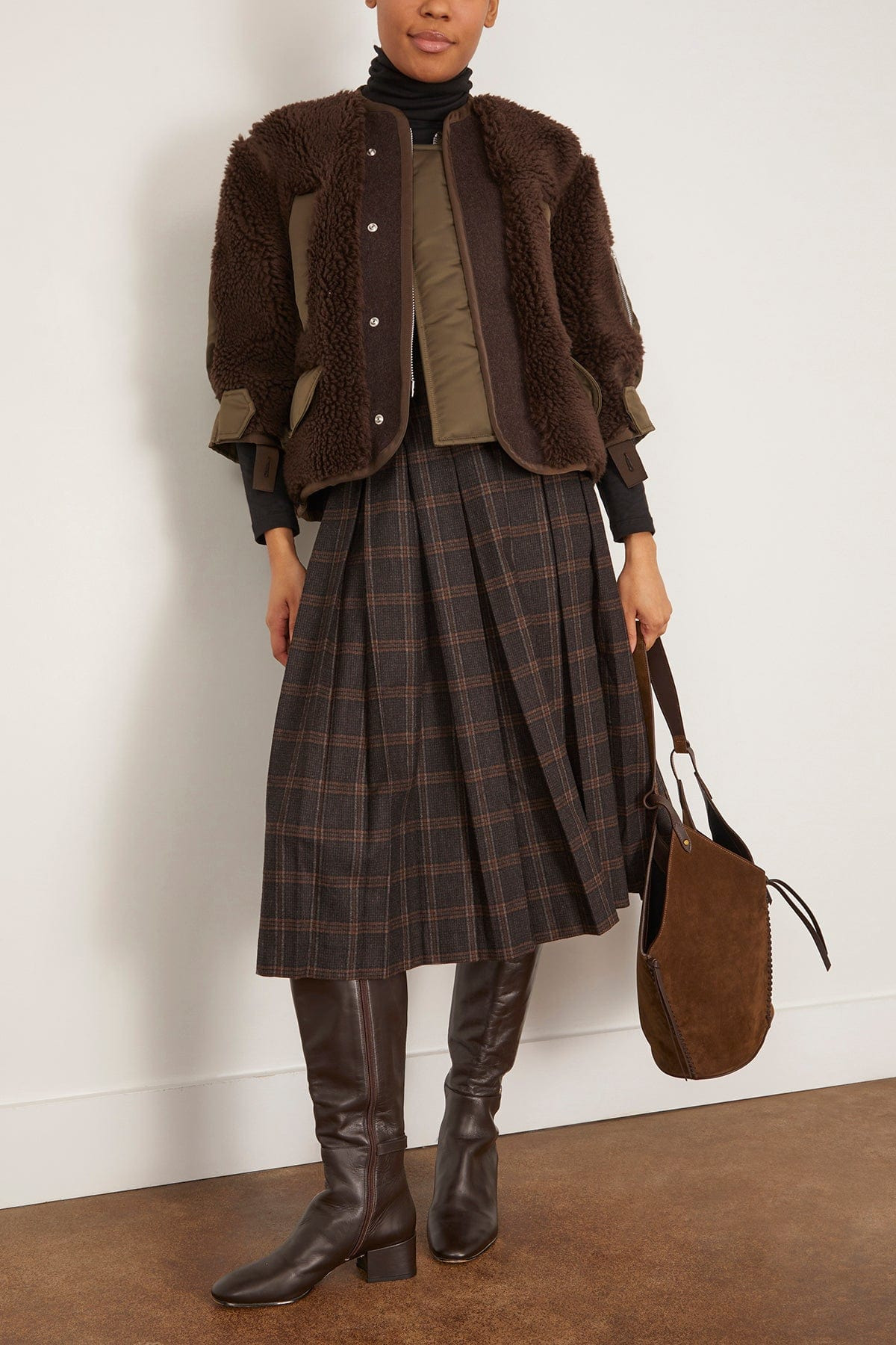 Faux Shearling Nylon Twill Blouson in Brown/Dark Khaki - 2
