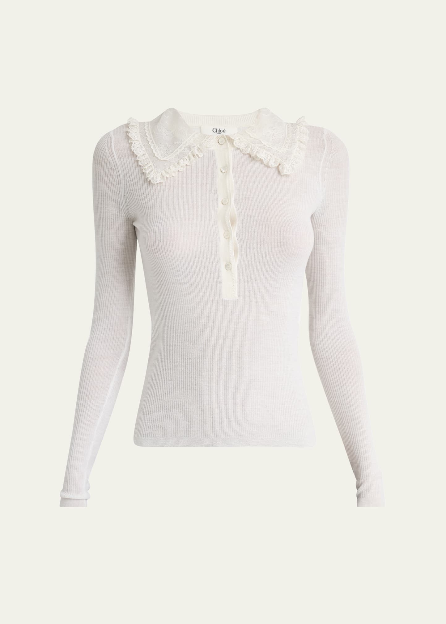 Lace-Collar Superfine Wool Rib Knit Top - 1