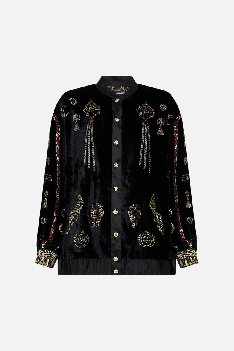 VELVET LONGLINE VARSITY JACKET 1