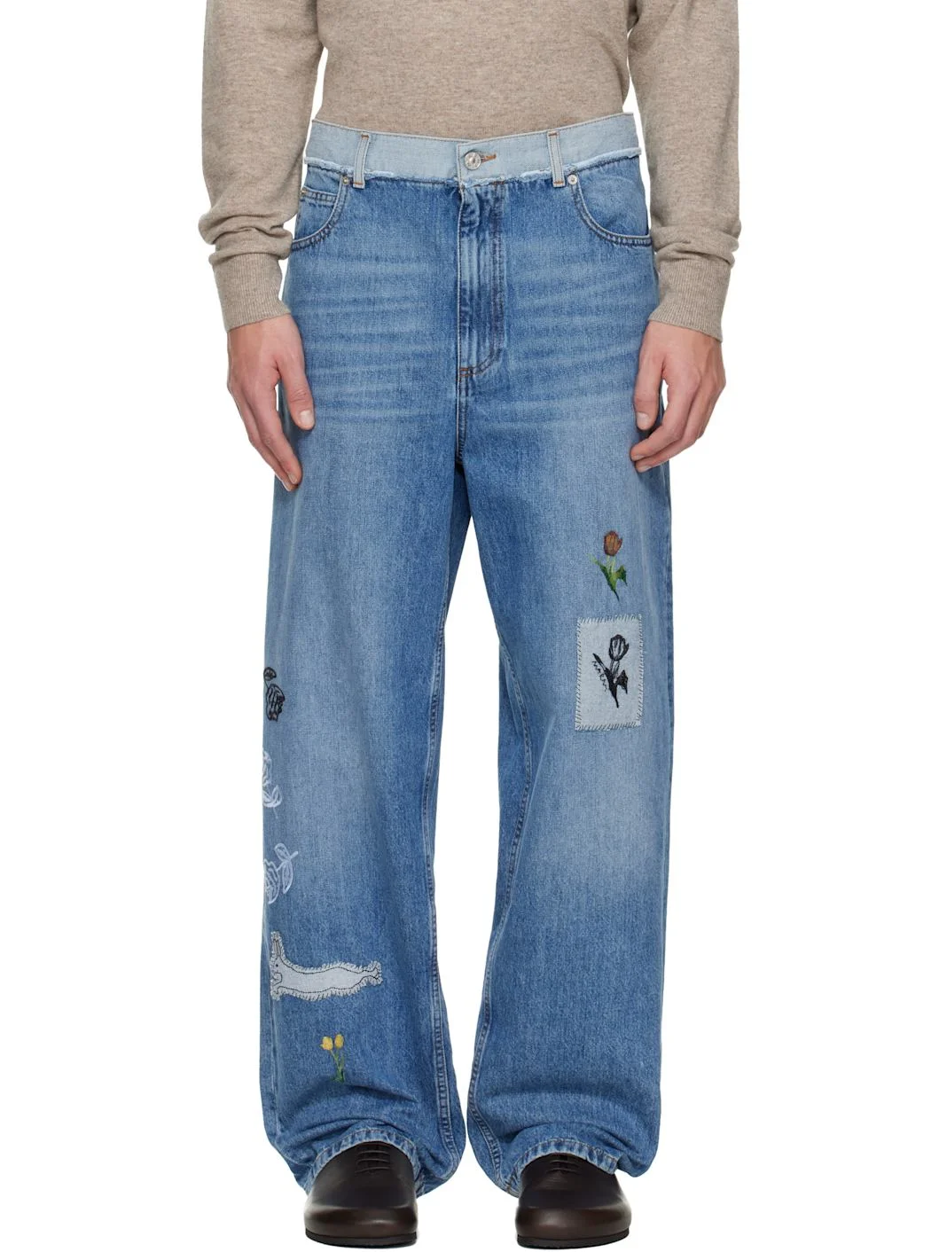 Blue Embroidered Jeans - 1