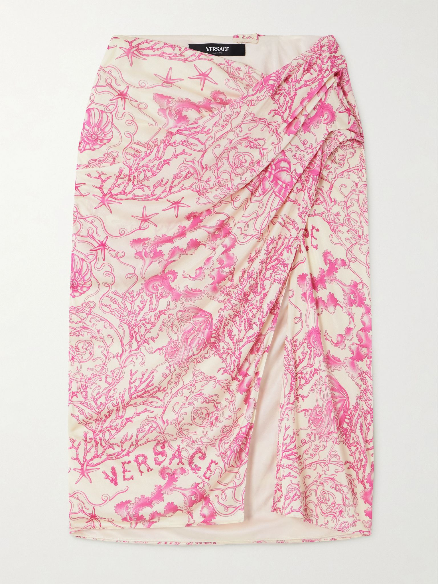Wrap-effect draped printed silk-satin skirt Pink - 1