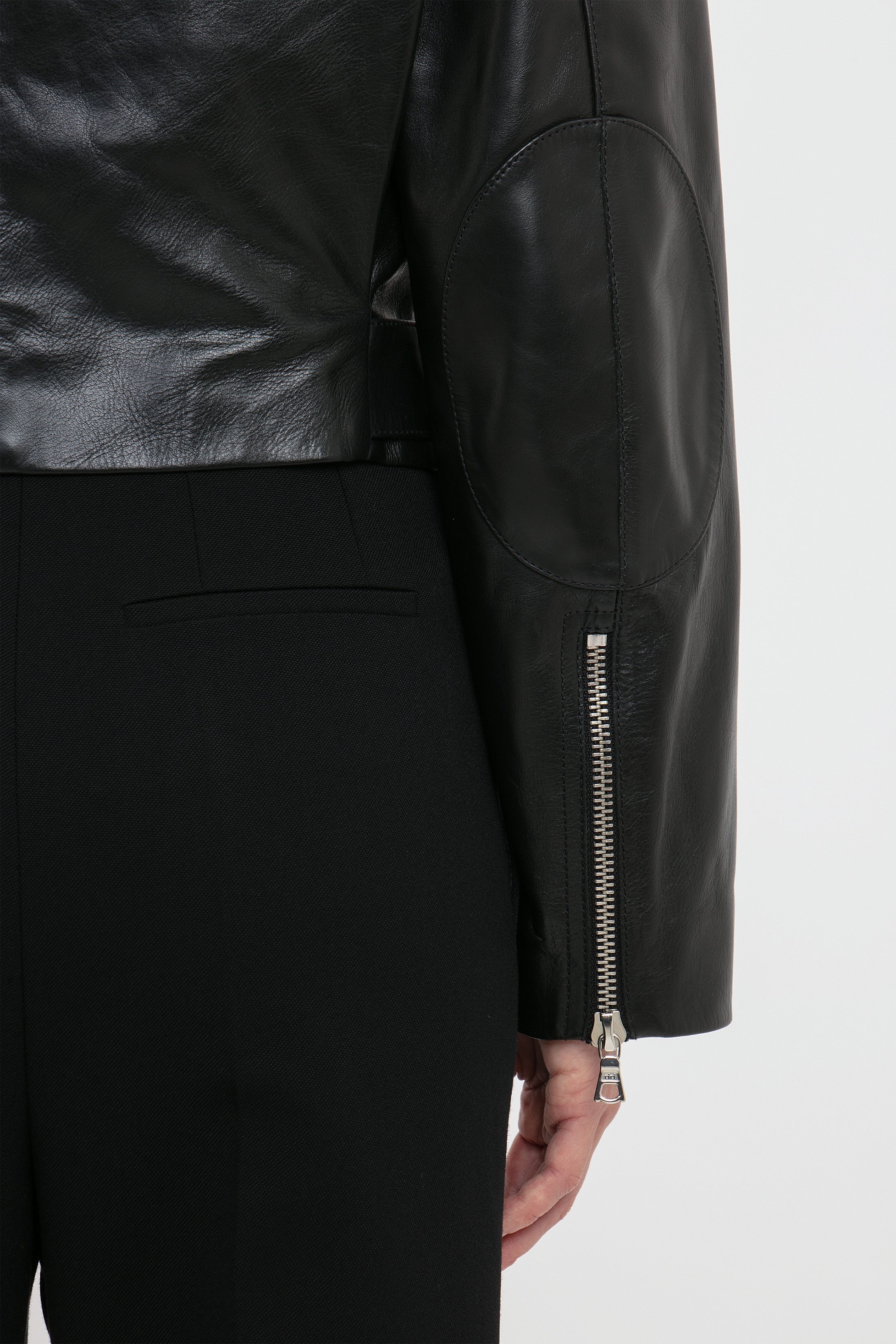 Cropped Belted Leather Biker Jacket In Black - 6