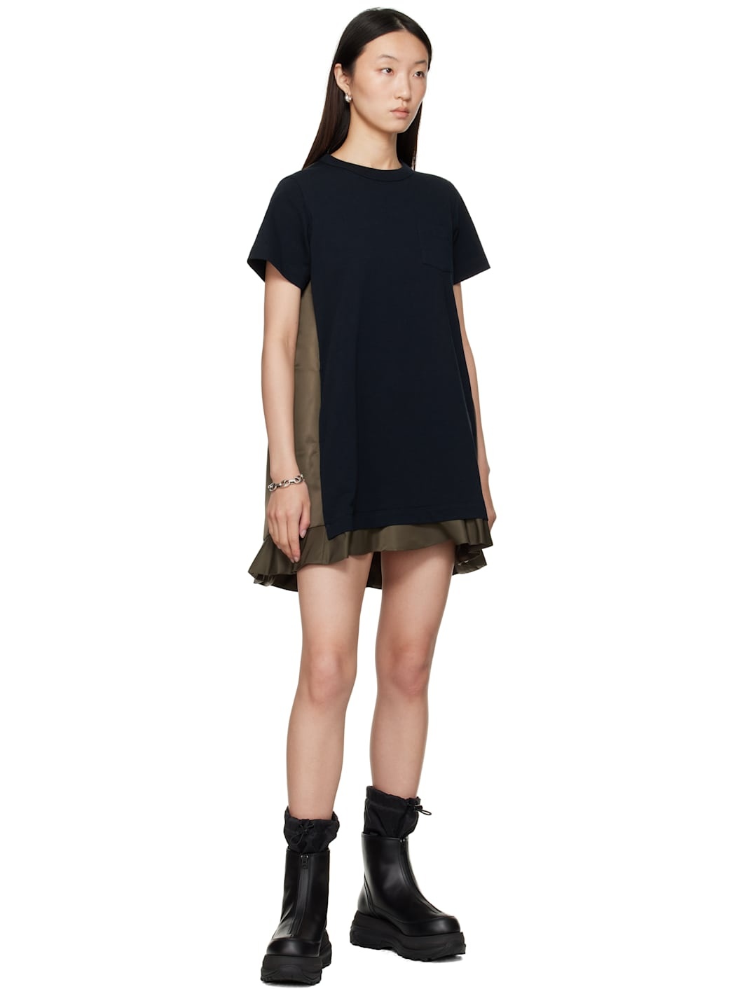 Navy Nylon Twill & Cotton Jersey Minidress - 4
