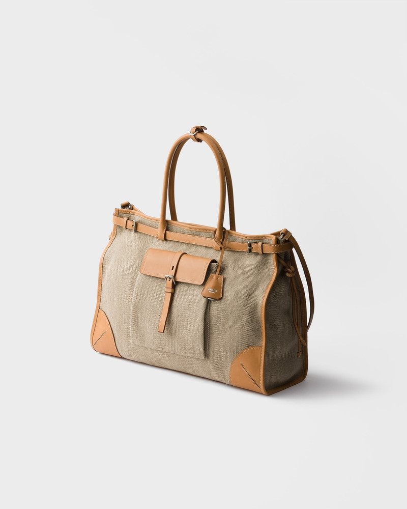 Prada Route linen and leather tote bag 3