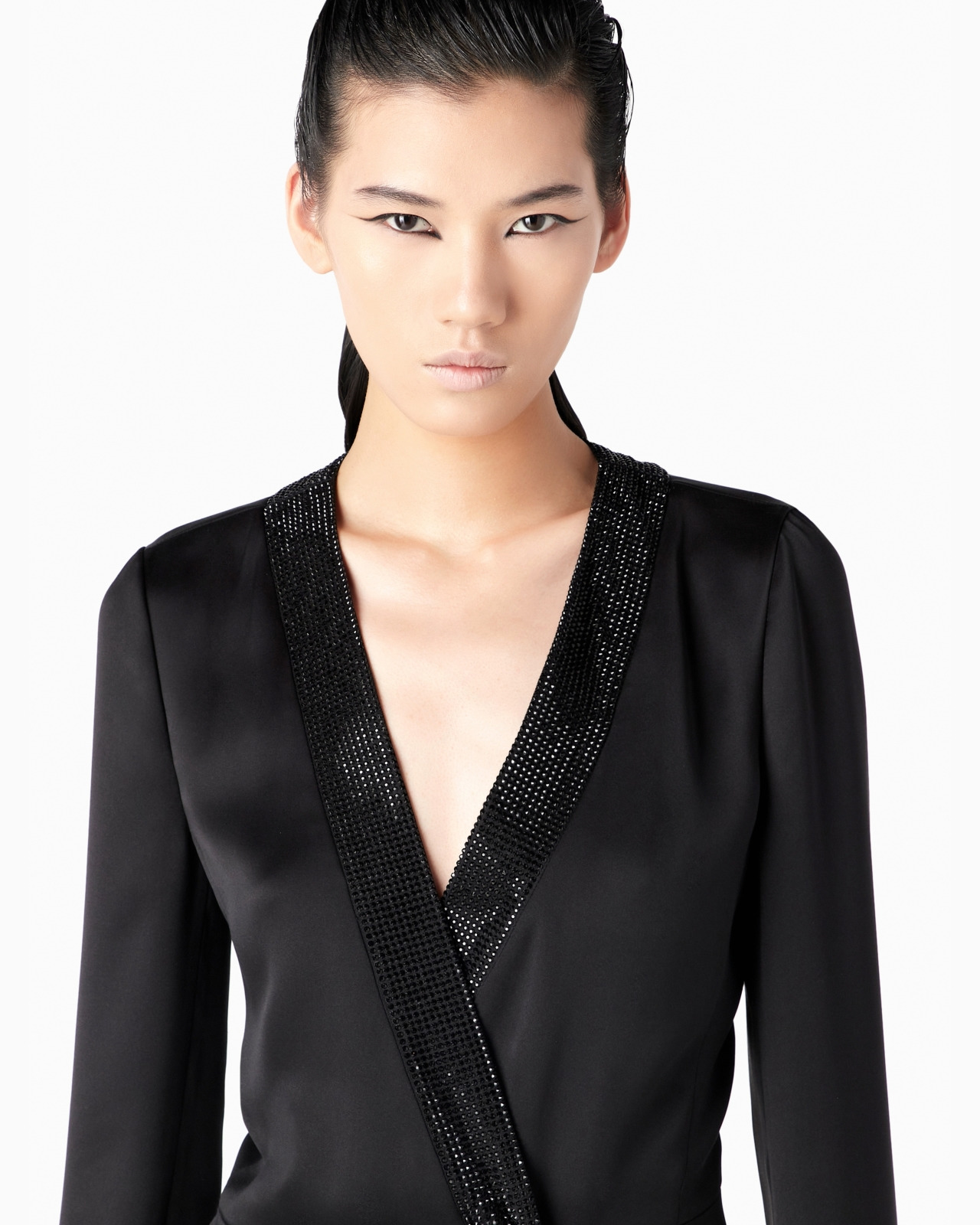LONG SATIN JACKET WITH RHINESTONE AND CRYSTAL TRIM - 5