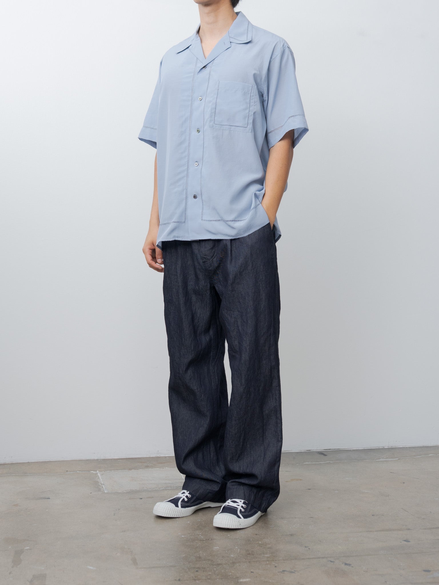 Embroidery Open Collar Shirt - Sax Blue - 3