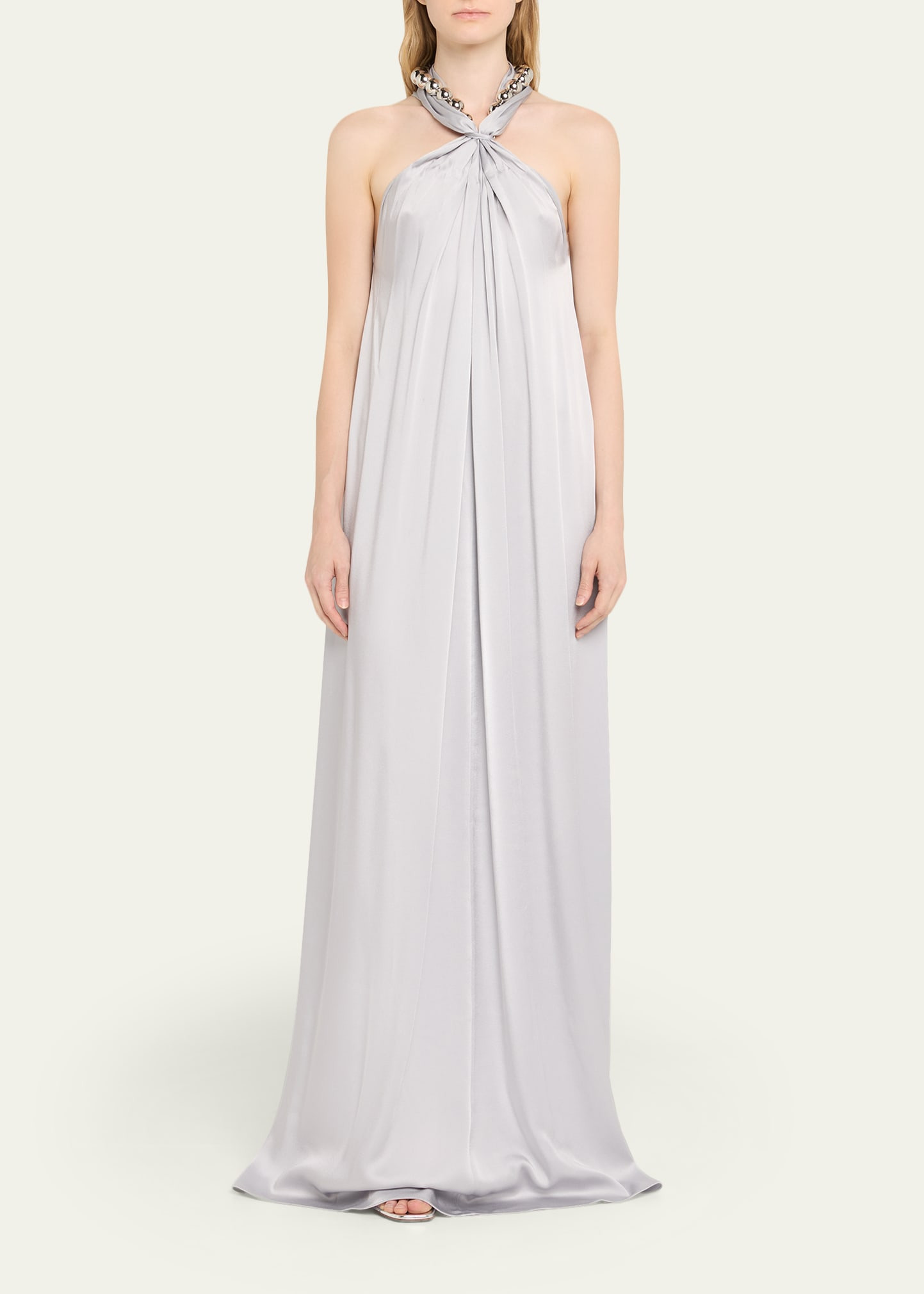 Ball-Collar Satin Halter Gown - 2