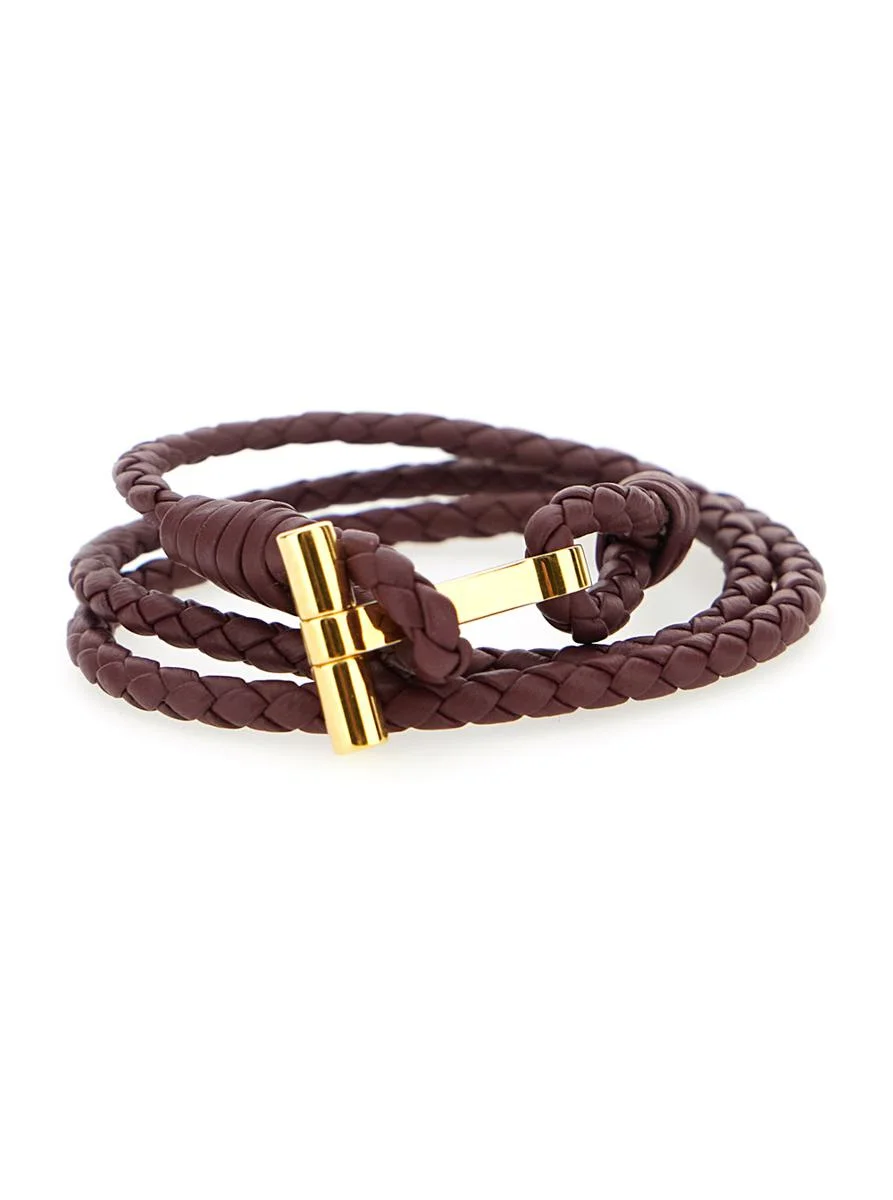 Tom Ford Bordeaux Bracelet With Intrecciato Motif In Leather And Brass Woman - 1