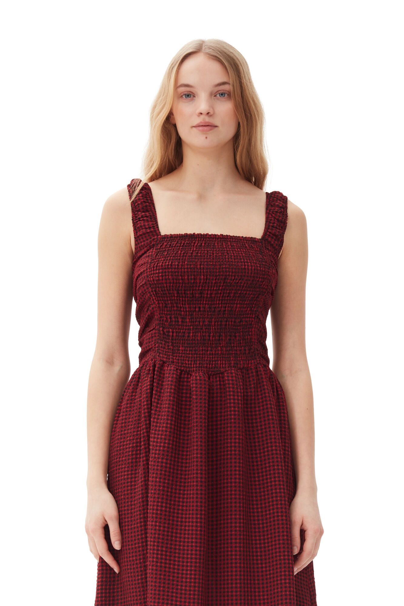 RED SHEER MIDI STRAP SMOCK DRESS - 3