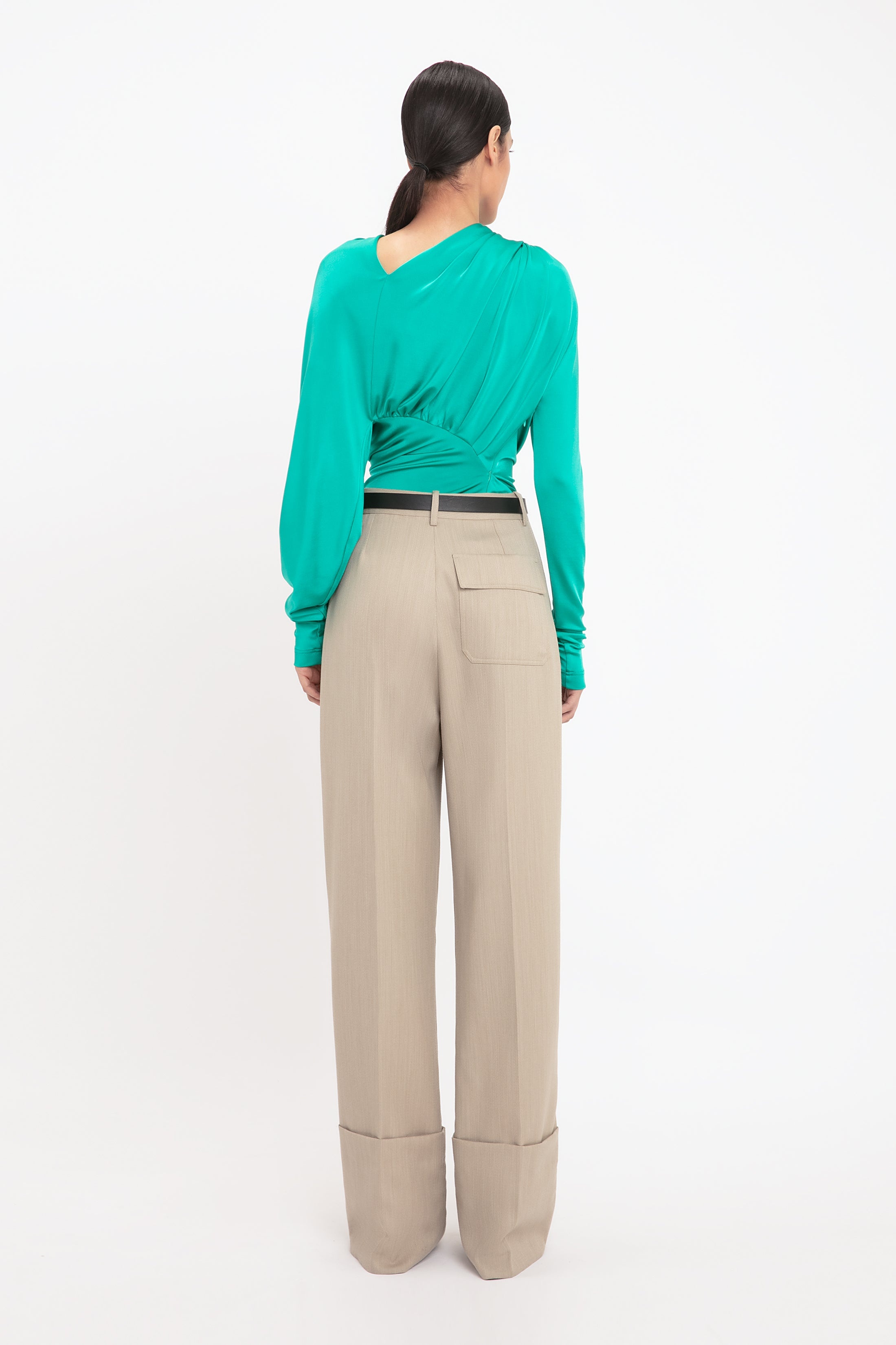 Long Sleeve Draped Jersey Top In Peacock - 4