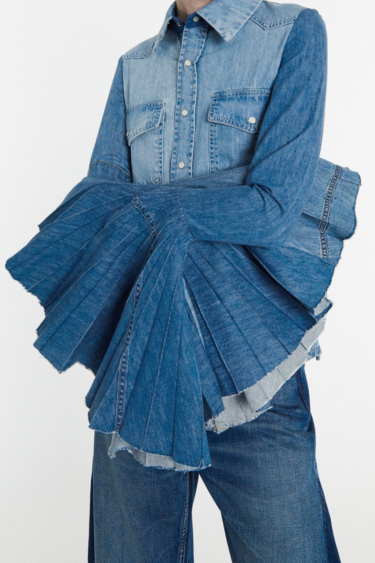 RECYCLED DENIM SHIRT WITH PLEATED BELL SLEEVES BLUE - 6