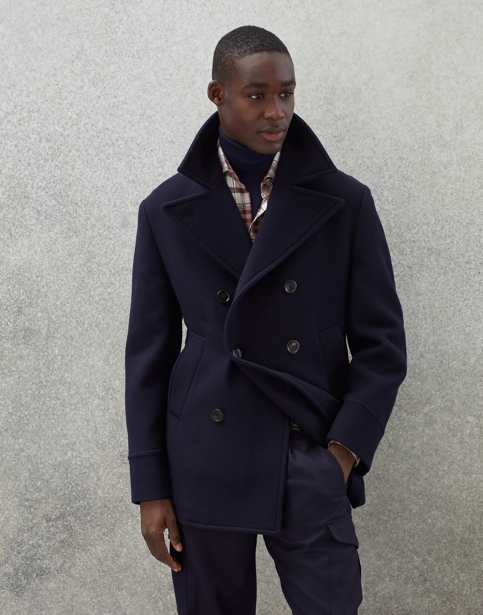 Virgin wool and cashmere double cloth pea coat with large lapels - 1