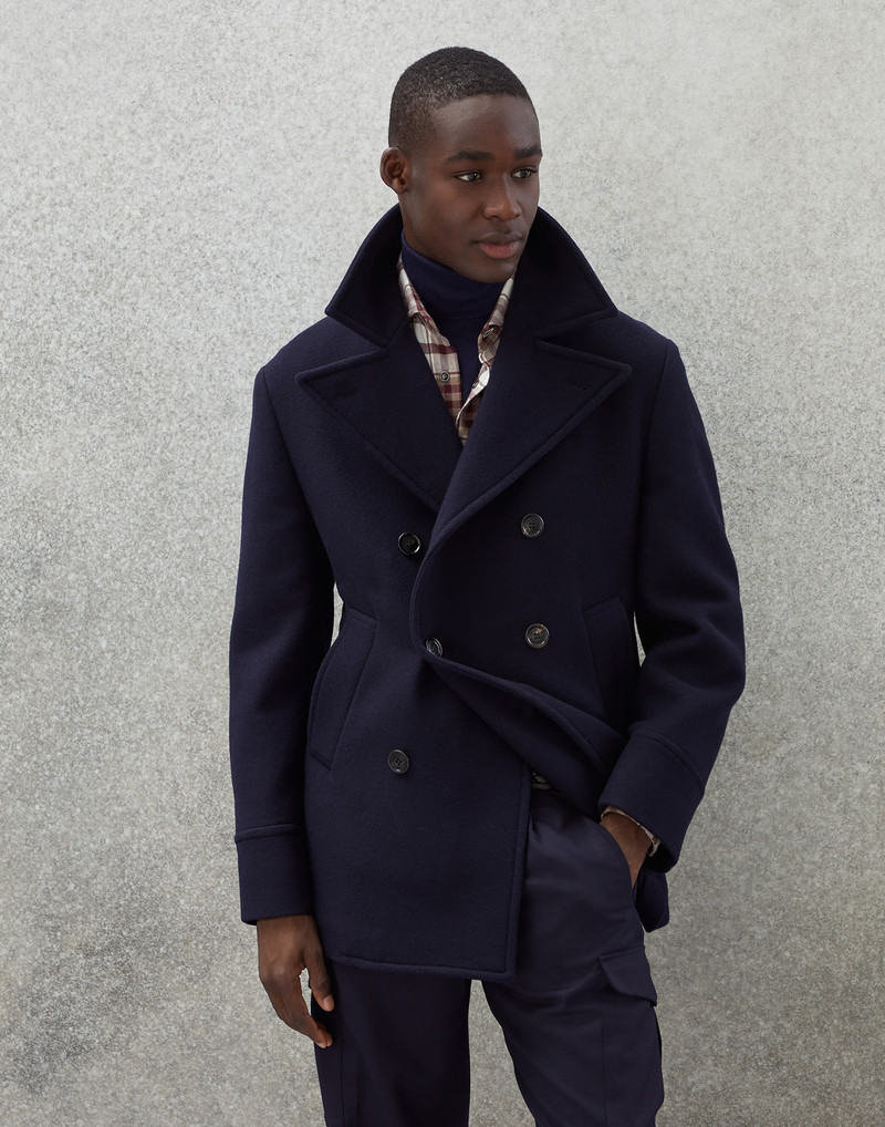 Virgin wool and cashmere double cloth pea coat with large lapels 1