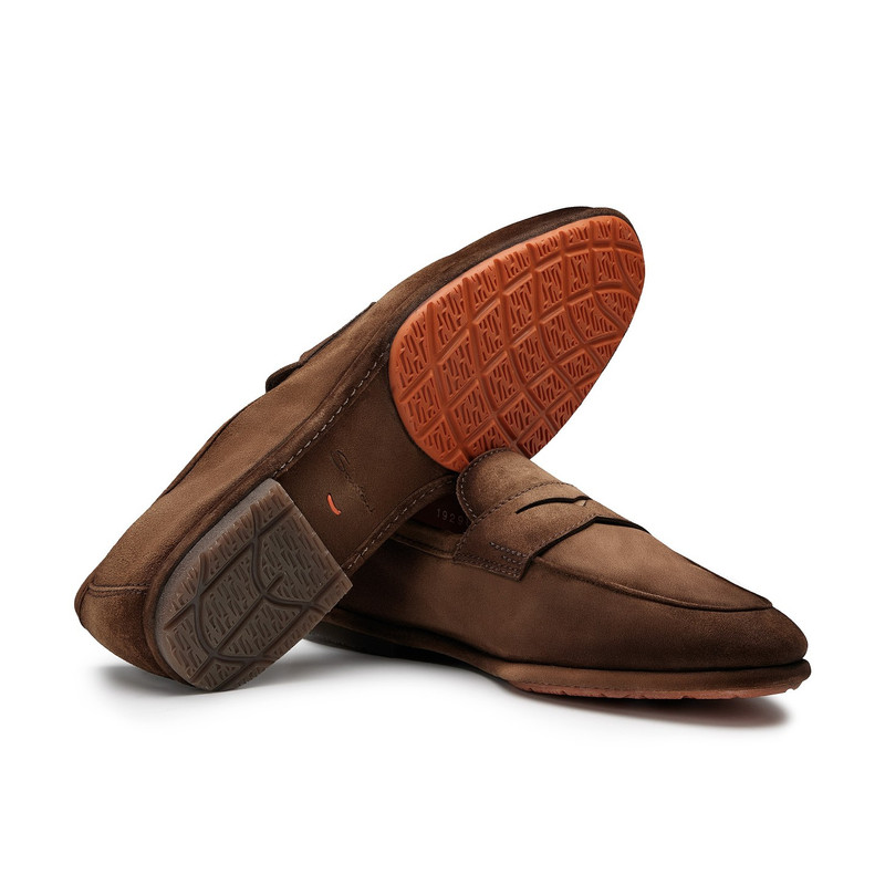 Santoni Men's brown suede Carlo penny loafer outlook