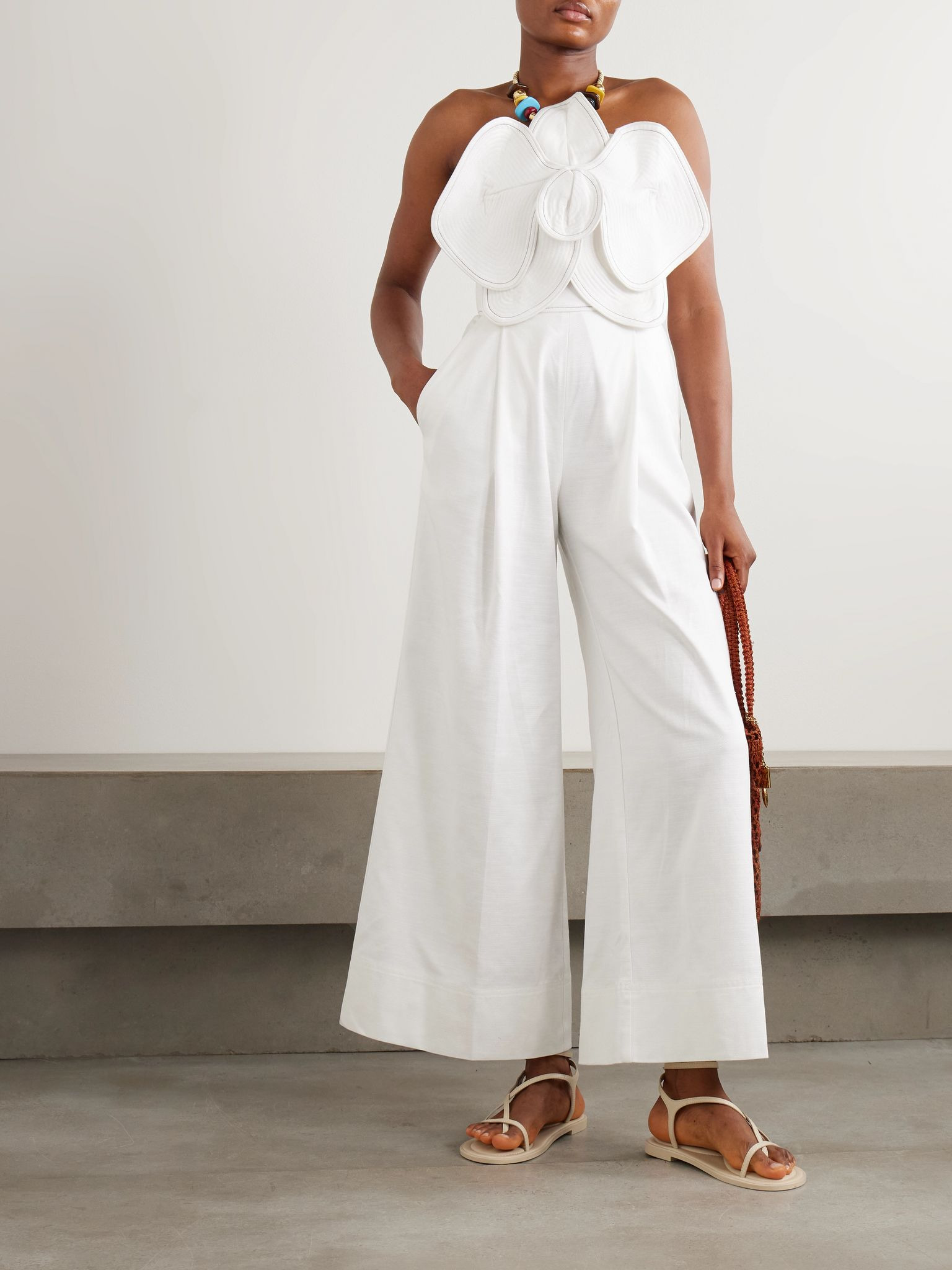 A Flor De Piel appliquéd cotton and TENCEL-blend twill jumpsuit Off-white - 2